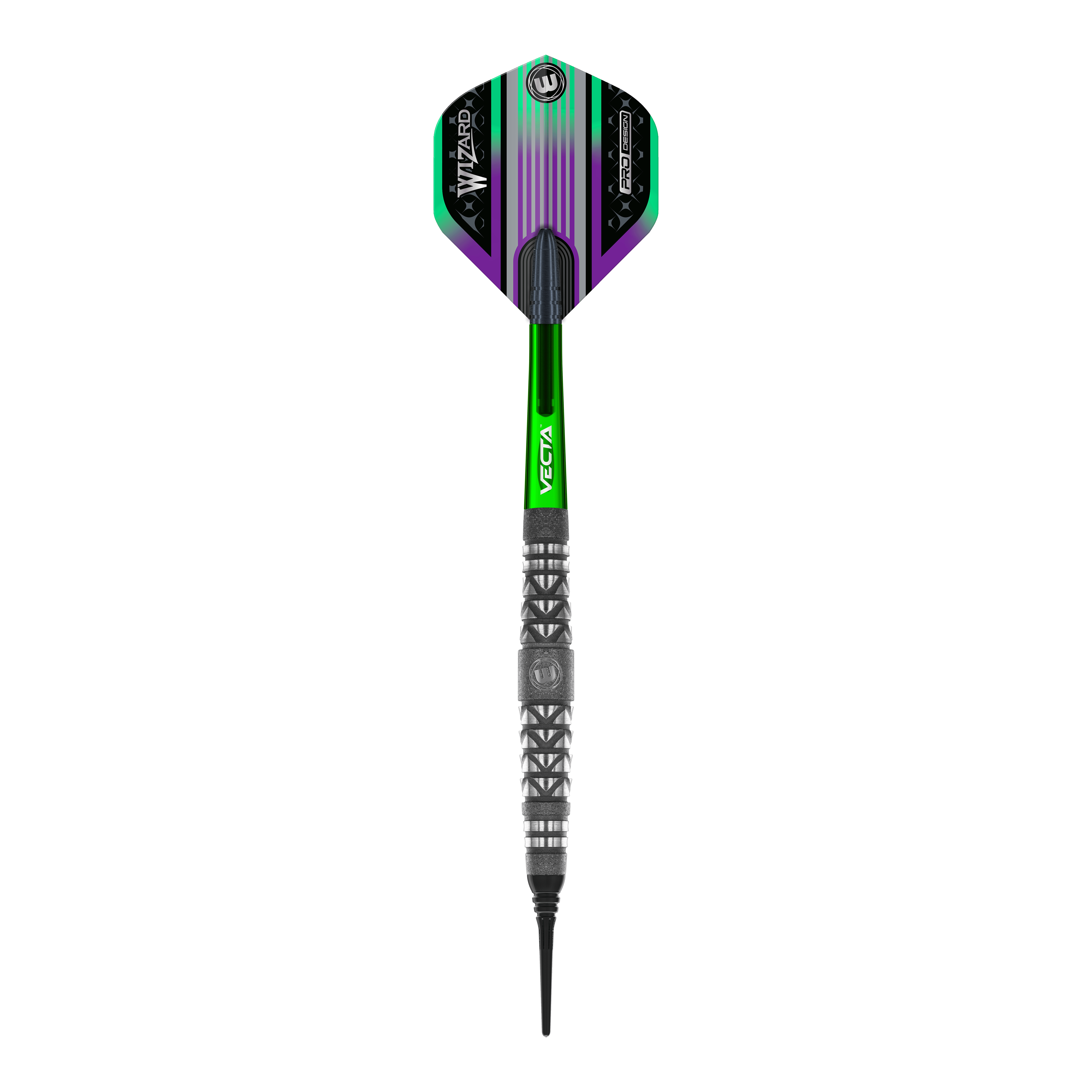 Freccette morbide con impugnatura atomizzata Winmau Simon Whitlock Das Bild zeigt den Winmau Simon Whitlock Atomised Grip Softdart. Der Dartpfeil hat grüne und schwarze Akzente sowie eine strukturierte Griffzone.