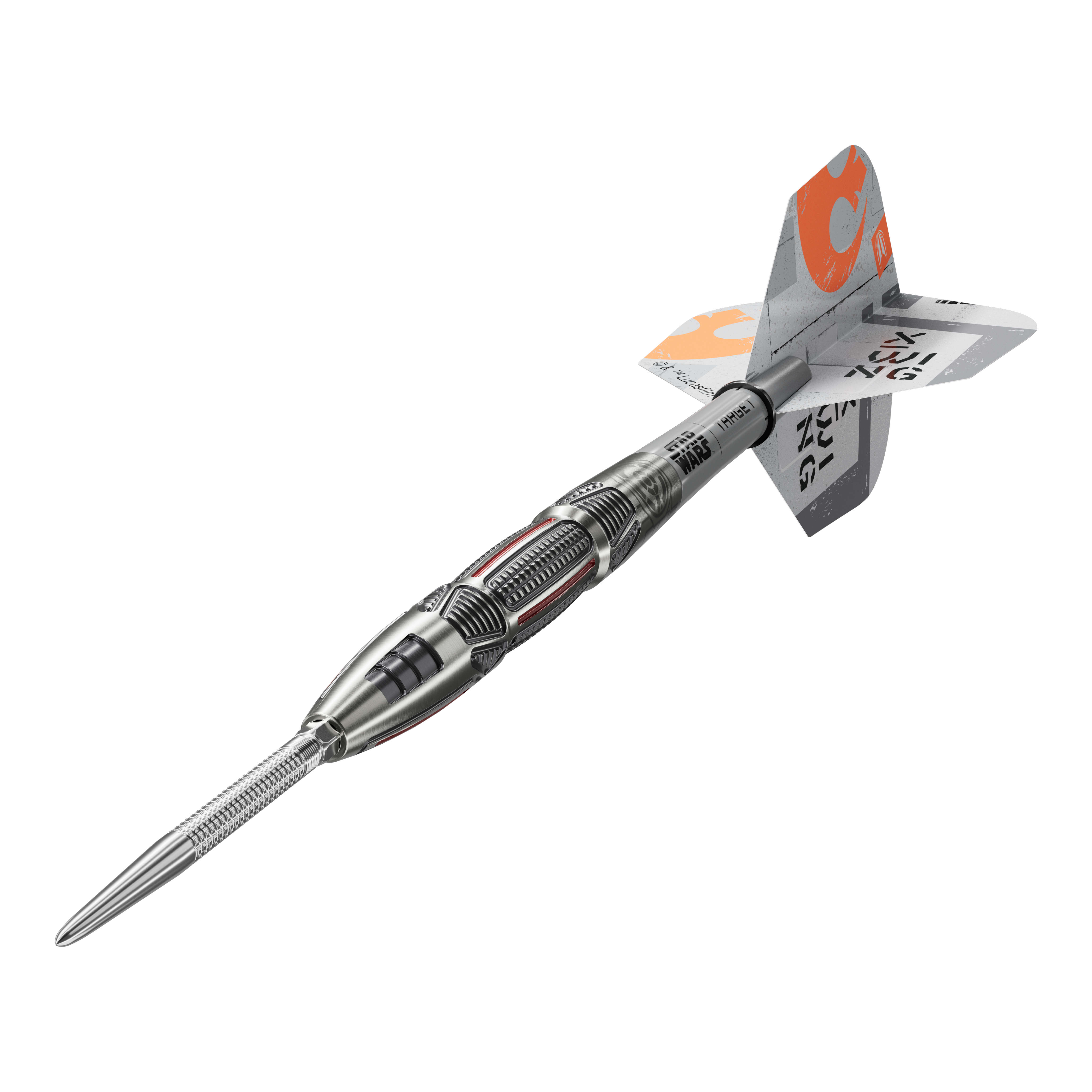 Target Star Wars X-Wing Swiss Point Steeldarts sind hochwertige Steeldarts mit X-Wing-Design. Das Bild zeigt die Darts aus einer Detailperspektive.