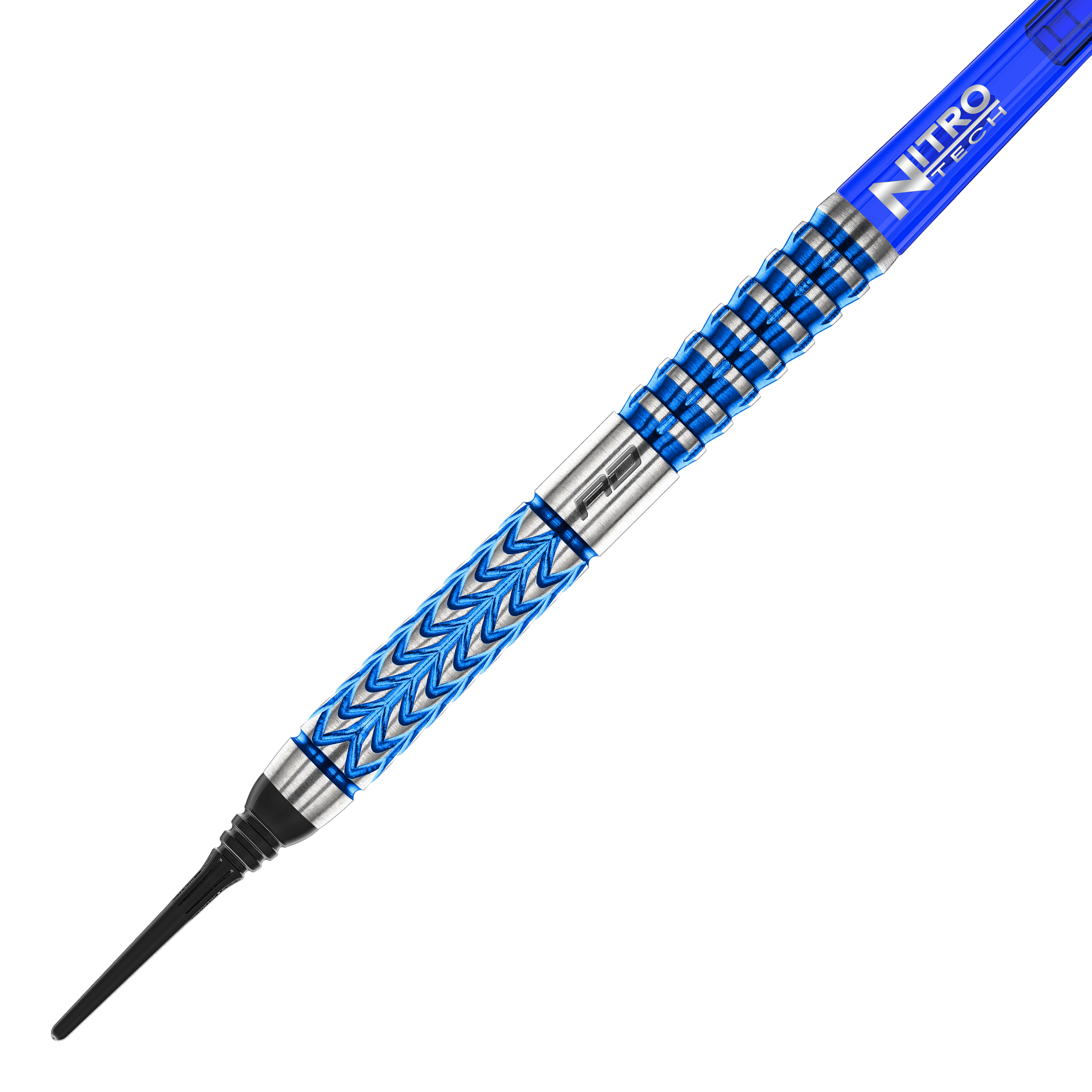 Red Dragon Gerwyn Price Glacier Softdarts - 18g Das Bild zeigt einen Red Dragon Gerwyn Price Glacier Softdart mit einem Gewicht von 18g. Der Dart hat ein auffälliges blau-silbernes Design und eine schwarze Kunststoffspitze.