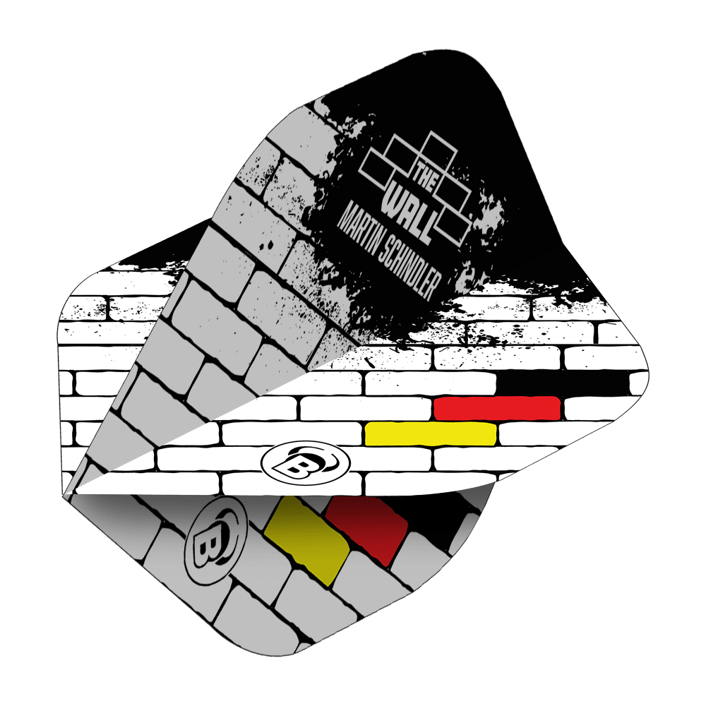 Standardní lety Bulls B-Star Martin Schindler White No2 Das Bild zeigt die Bulls B-Star Martin Schindler White No2 Standard Flights. Das Design erinnert an eine weiße Backsteinmauer mit den Farben der deutschen Flagge und dem Text "The Wall Martin Schindler".