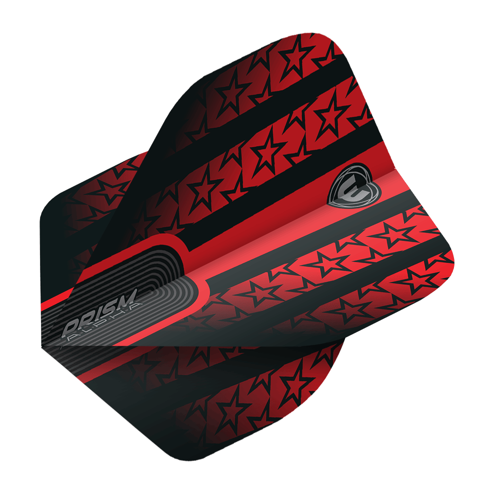 6915-178_Winmau_Prism_Alpha_6915-178_Standard_Flights_2 Das Bild zeigt das Produkt "Winmau Prism Alpha 6915.178 Standard Flights". Die Flights sind rot-schwarz gestaltet und mit Sternmustern verziert.