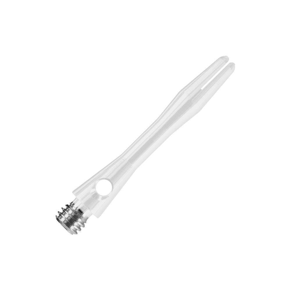HR372_Harrows_Keramic_Shafts_Weiss_35mm_2 Das Bild zeigt einen weißen Harrows Keramic Shaft für Dartpfeile. Der Schaft hat ein glattes, leicht durchsichtiges Design mit einem Metallgewinde am Ende.