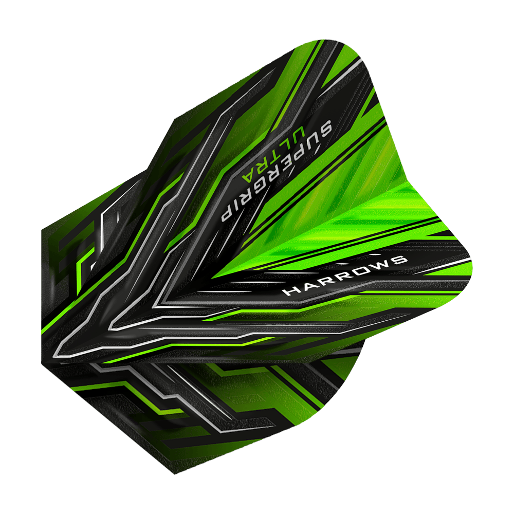 HR11_Harrows_Supergrip_Ultra_Green_Standard_Flights_2 Das Bild zeigt die Harrows Supergrip Ultra Green Standard Flights. Sie sind überwiegend grün und schwarz mit einem modernen, auffälligen Design.