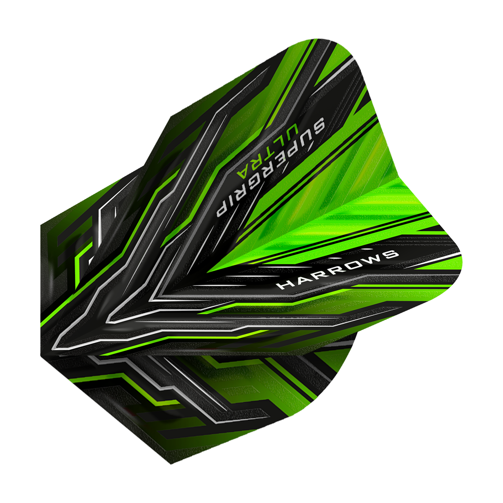 HR11_Harrows_Supergrip_Ultra_Green_Standard_Flights_2 Harrows Supergrip Ultra Green Standard Flights im modernen Stil. Die Flights liegen als Gruppe aus.