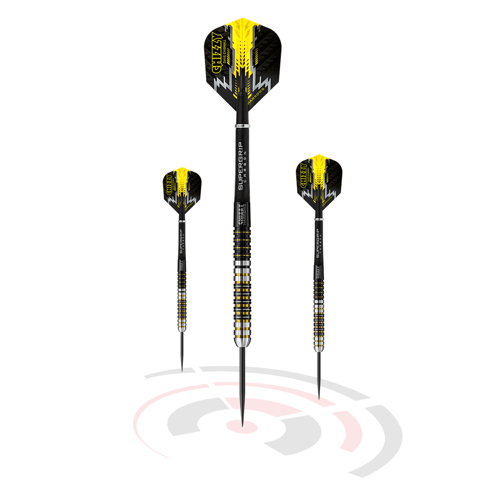 HAXXXXX_Harrows_Chizzy_Steeldarts_1oKFgsNxkpKTqb Das Bild zeigt drei Steeldarts mit schwarzen und gelben Flights, auf denen "CHIZZY" steht. Die Darts stehen aufrecht über einem stilisierten Ziel mit roten und schwarzen Kreisen.