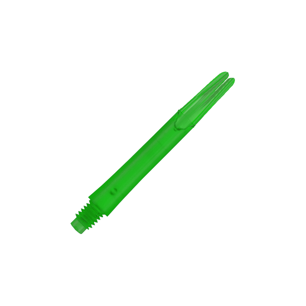 L-L-Style-Shafts Locked Straight - Green Auf dem Bild ist ein grüner, gerader Dart-Schaft zu sehen. Der Schaft hat ein Gewinde am unteren Ende und eine gesplittete Spitze am oberen Ende.