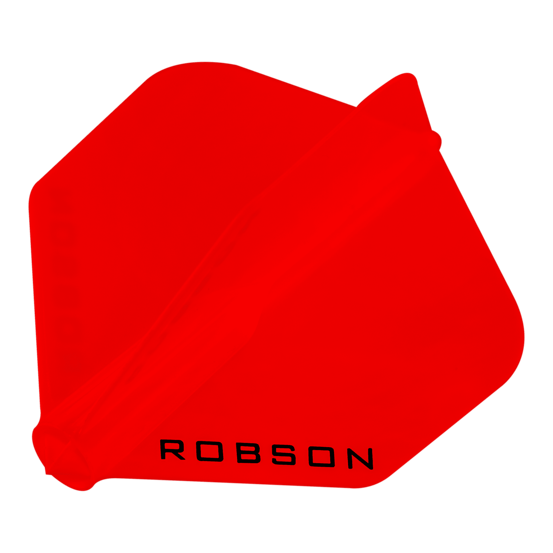Robson Plus No6 Flights Das Bild zeigt einen roten Dartflight mit der Aufschrift "ROBSON". Der Flight hat eine sechseckige Form und ist komplett rot gefärbt.