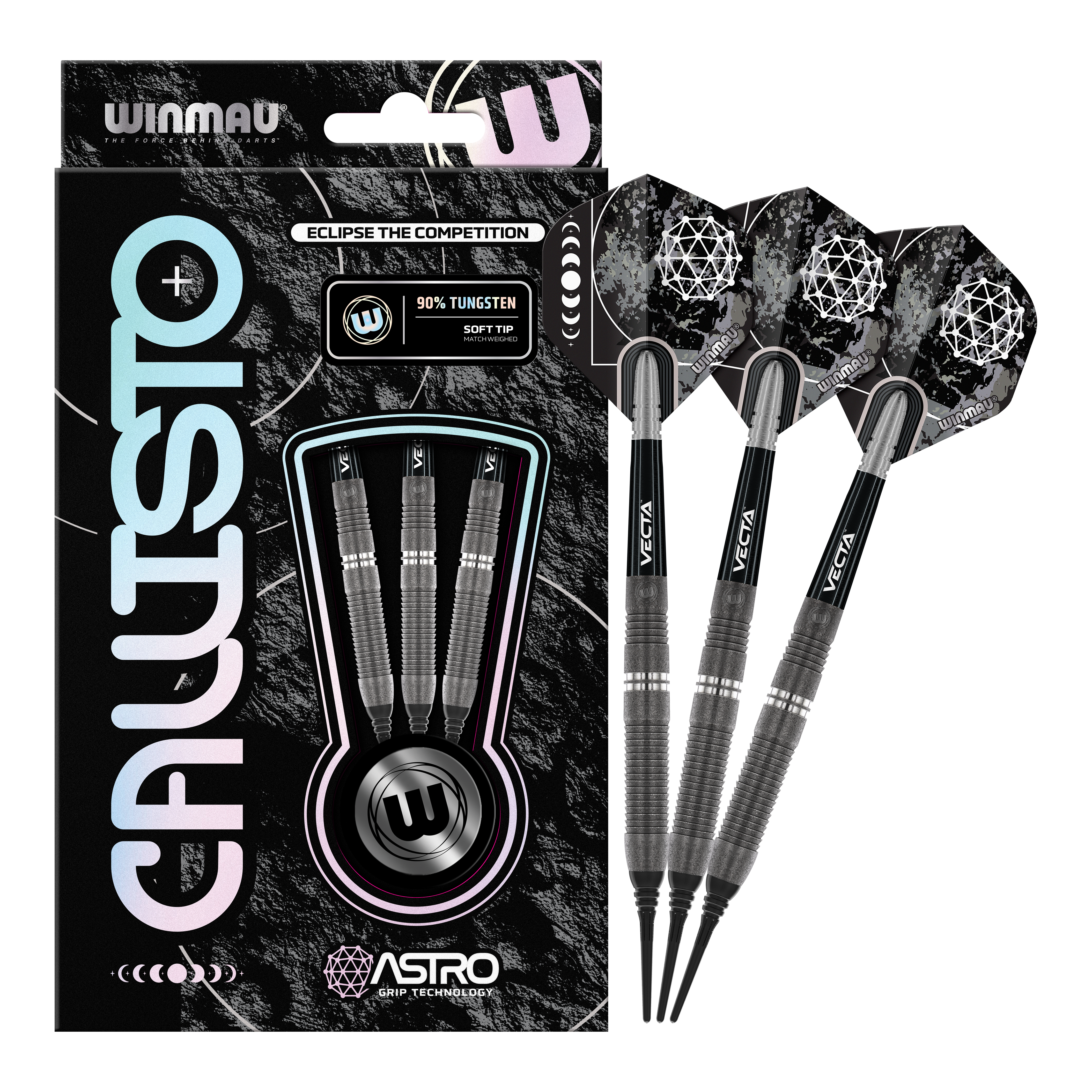 Měkké šipky Winmau Callisto 03 - 20g Das Bild zeigt die Winmau Callisto 03 Softdarts mit einem Gewicht von 20g. Die Verpackung enthält drei schwarze Softdarts mit auffälligen Flights und dem Hinweis auf 90% Tungsten.