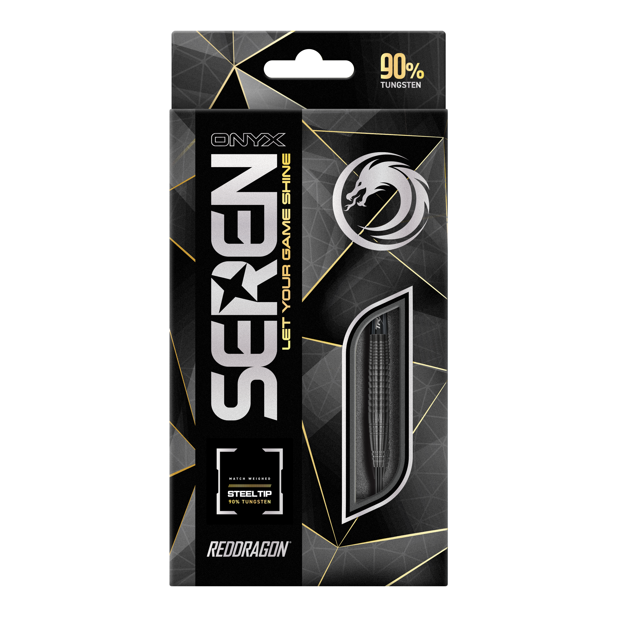 Ocelové šipky Red Dragon Seren 4 Onyx Das Bild zeigt die Verpackung der "Red Dragon Seren 4 Onyx Steeldarts". Auf der Verpackung steht, dass die Darts aus 90% Tungsten bestehen.