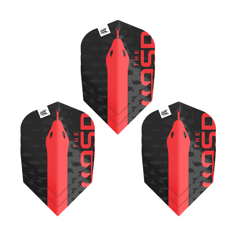 Letenky Target Pro Ultra Nathan Aspinall No6 – 3 sady Das Bild zeigt drei Sets der Target Pro Ultra Nathan Aspinall No6 Flights. Die Flights sind schwarz mit einem roten Schlangenmuster und dem Schriftzug "THE ASP".