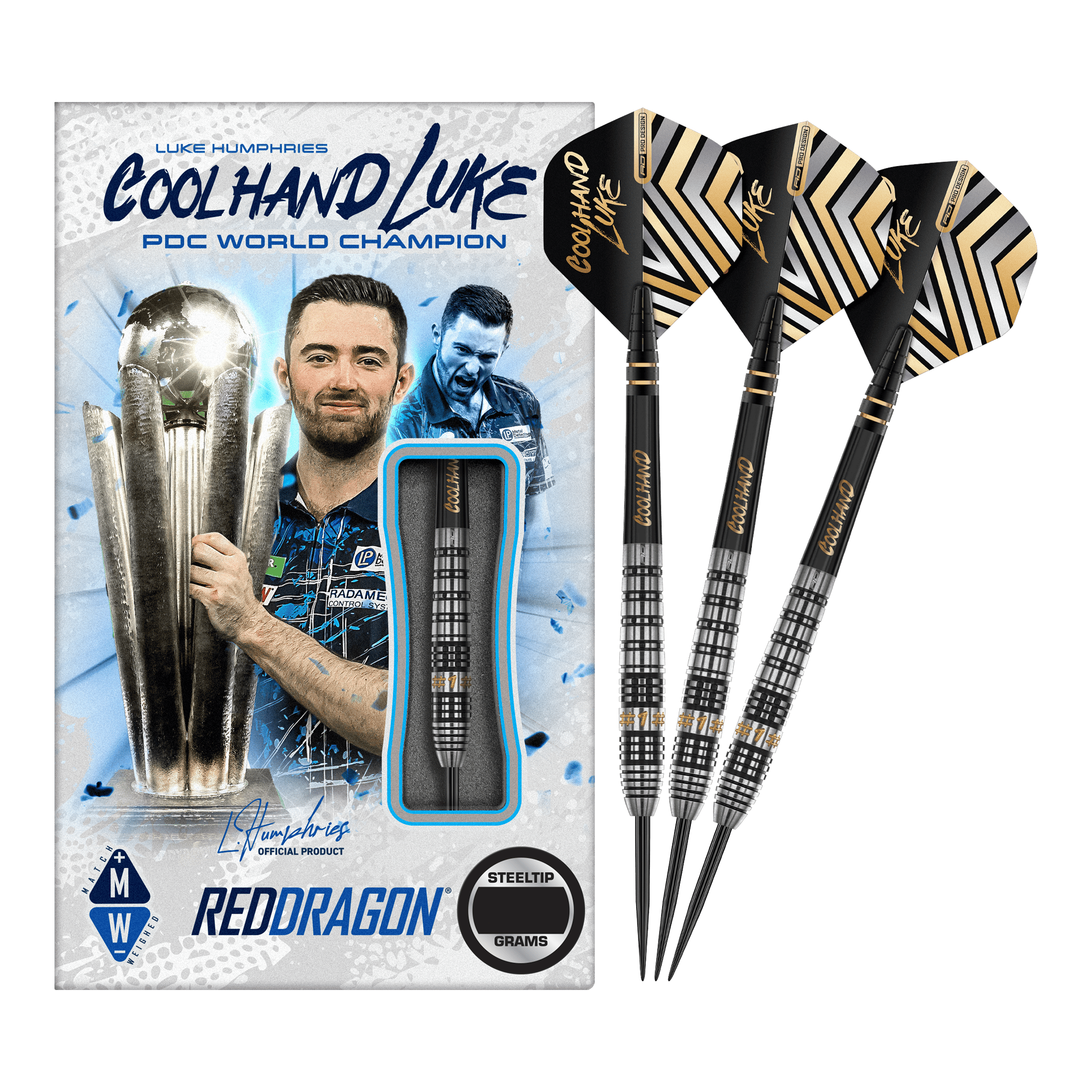 Dardos de acero Red Dragon Luke Humphries Prestige Das Bild zeigt eine Packung "Red Dragon Luke Humphries Prestige Steeldarts" mit einem Bild von Luke Humphries als PDC Weltmeister. Neben der Verpackung sind drei schwarz-silberne Steeldarts mit speziellen Flights abgebildet.