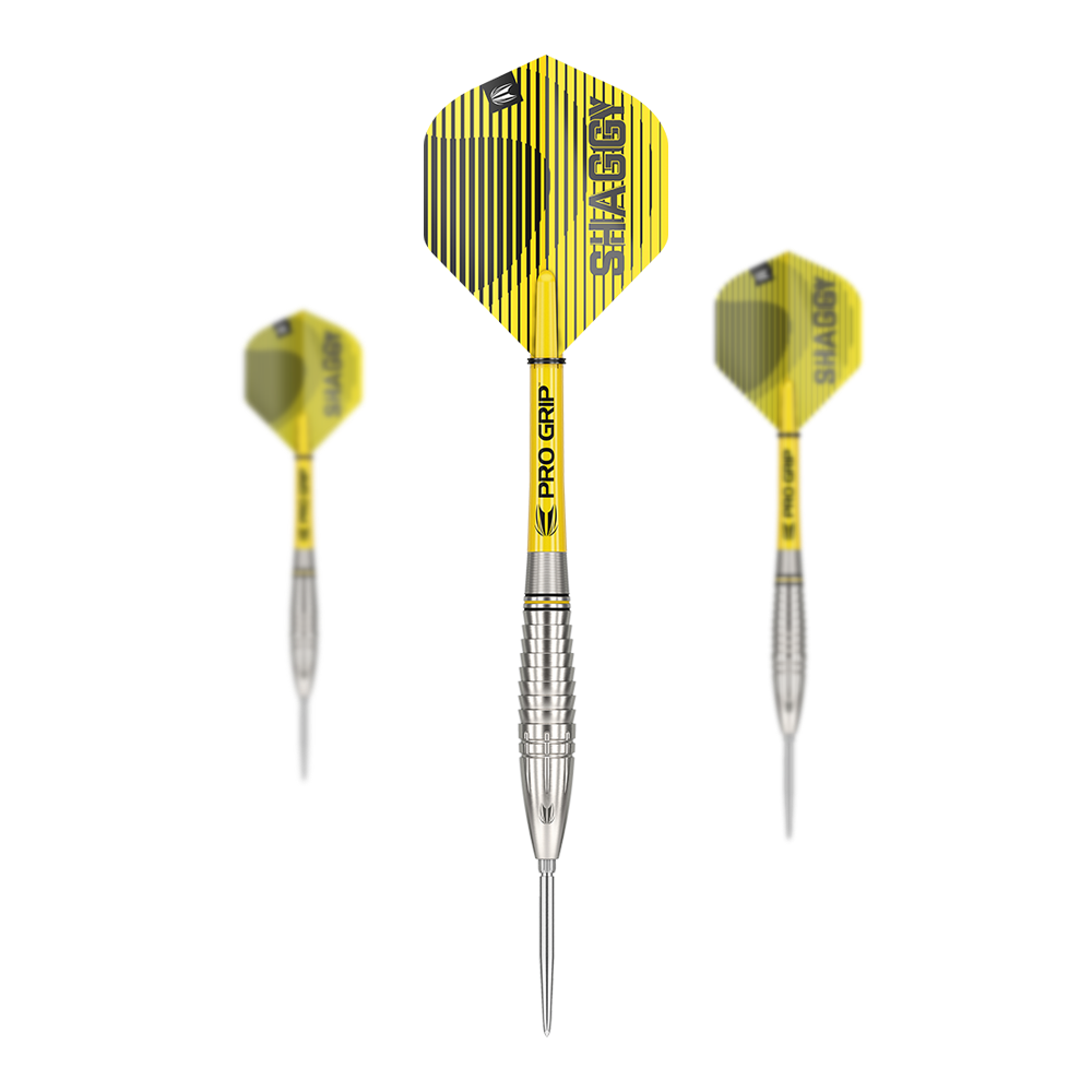 Dardos de acero Target Scott Williams GEN1 Swiss Point Das Bild zeigt drei Target Scott Williams GEN1 Swiss Point Steeldarts mit gelb-schwarzen Flights. Die Darts haben silberne Spitzen und Griffe mit „Pro Grip“-Schäften.