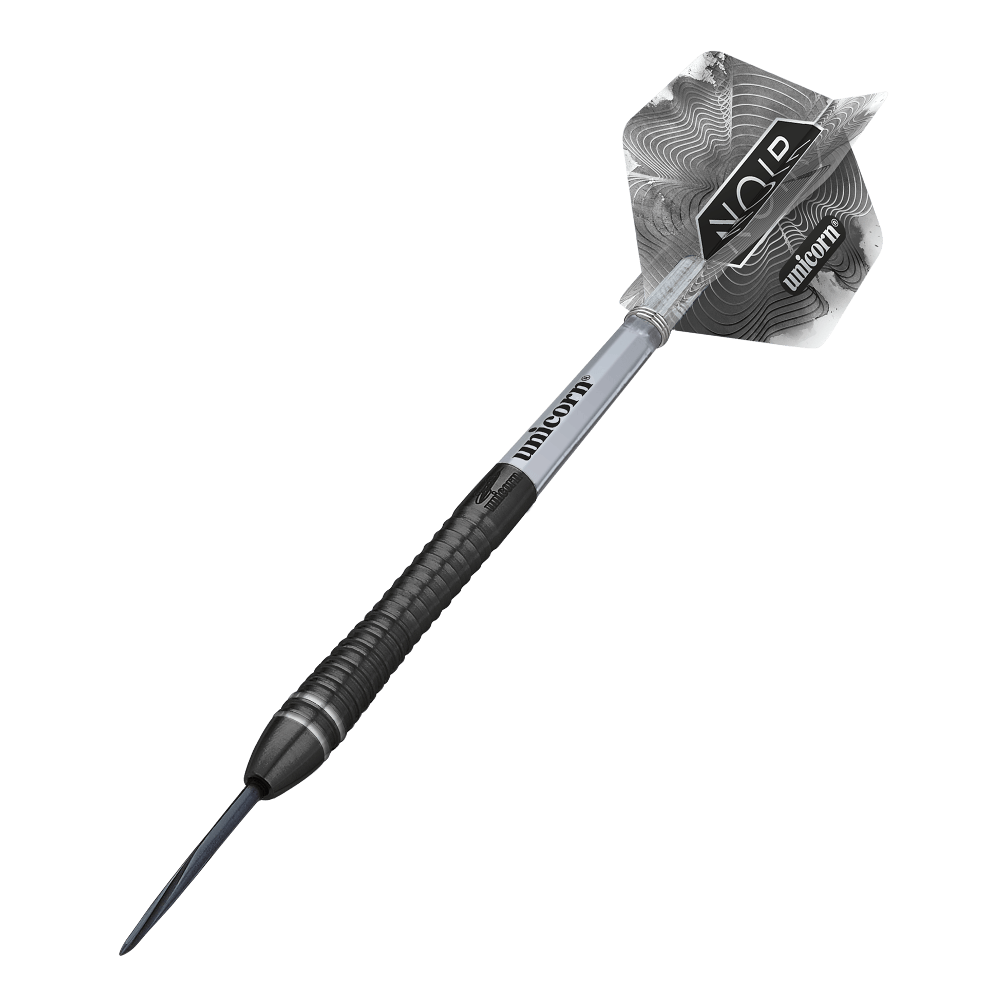 Dardos de acero Gary Anderson Noir Phase 6 del campeón mundial Unicorn Das Bild zeigt einen Steeldart aus der Produktreihe „Unicorn World Champion Gary Anderson Noir Phase 6“. Der Dart hat ein modernes, schwarzes Design mit silbernen Akzenten und individuell gestaltetem Flight.