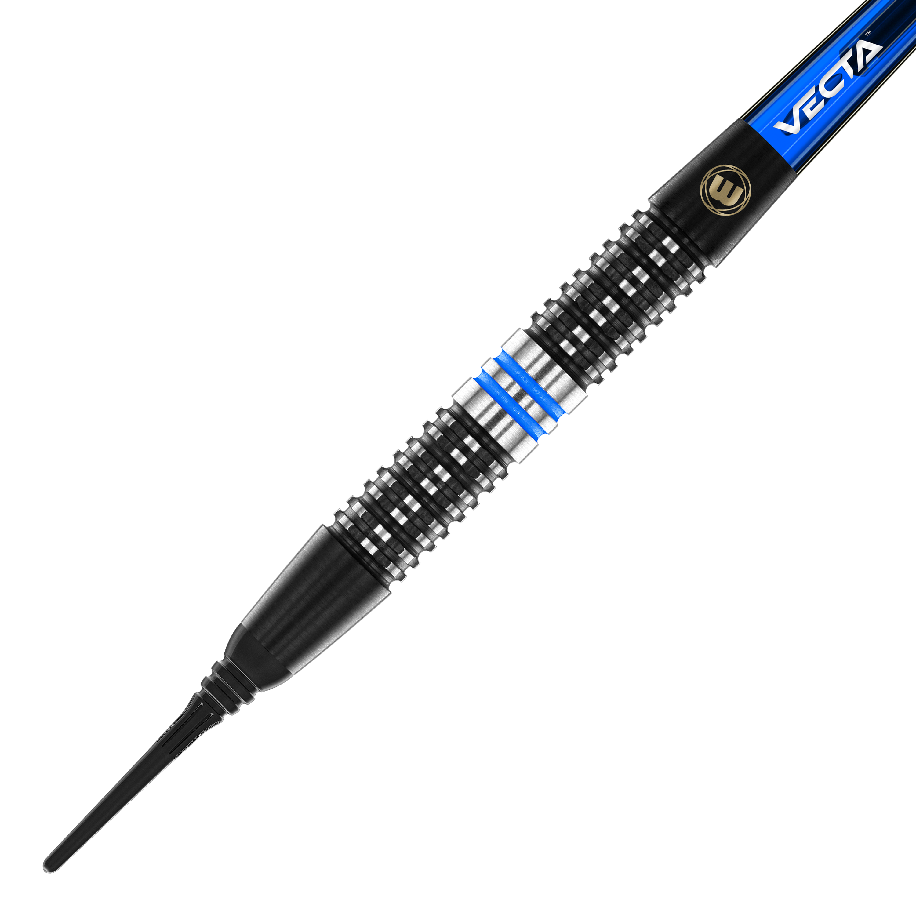 Měkké šipky Winmau Galactics - 20g Das Bild zeigt einen Winmau Galactics Softdart mit einem Gewicht von 20 Gramm. Der Dart hat ein schwarzes Griffteil mit silbernen und blauen Akzenten.