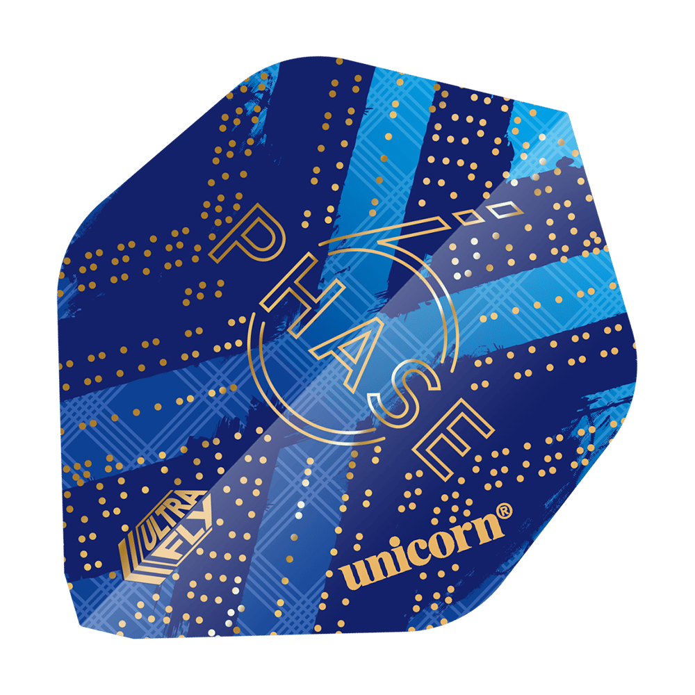 69453_Unicorn_World_Champion_Gary_Anderson_Phase_6_AR1_Flights_1 Das Bild zeigt ein Dart-Flight mit einem blauen Design und goldenen Punkten. Auf dem Flight stehen die Wörter "PHASE", "ULTRA FLY" und "unicorn".