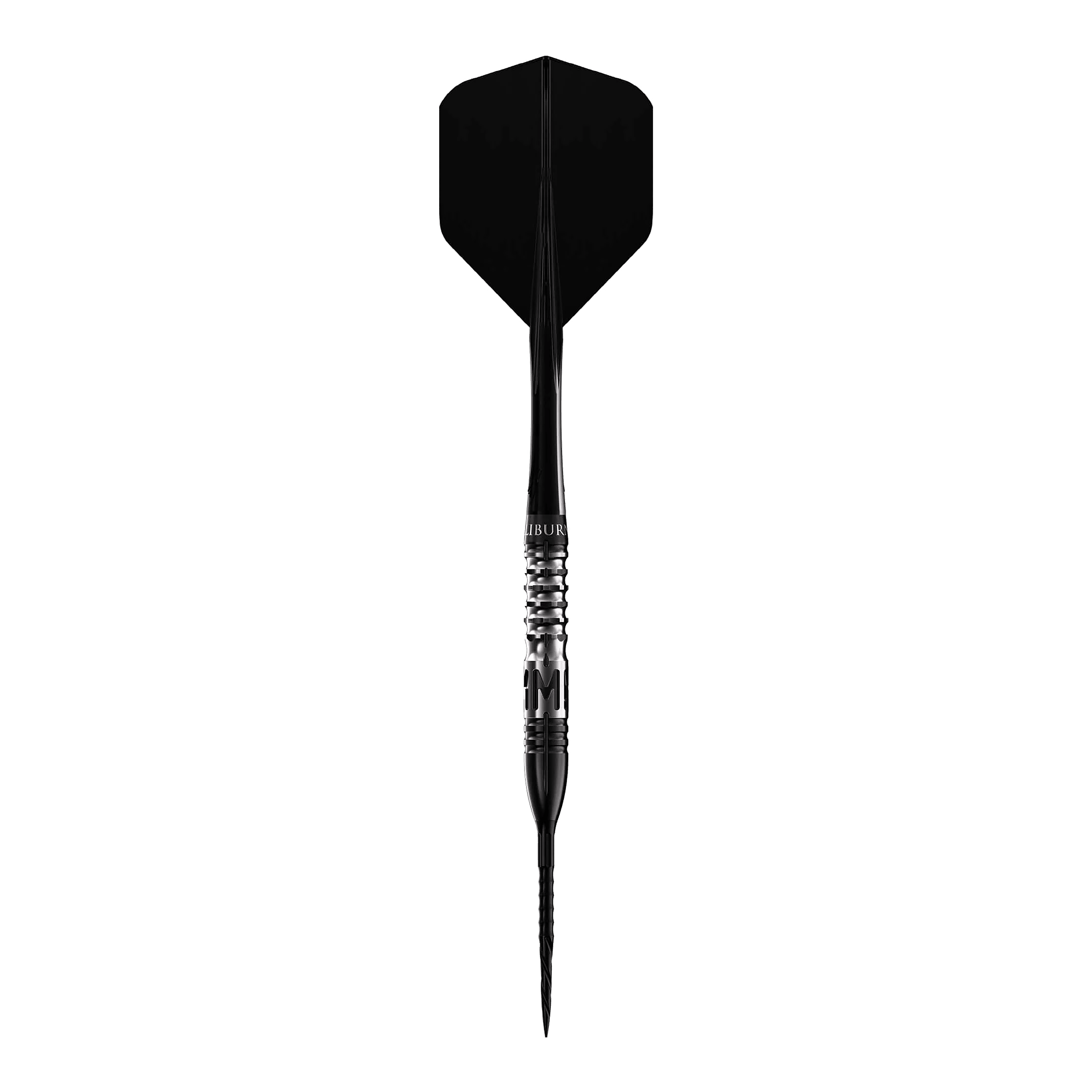 Das Bild zeigt einen Steeldart mit schwarzer Spitze und schwarzer Flugfahne. Es handelt sich um das Produkt "Caliburn Player MAK Steeldarts - 23,5g".