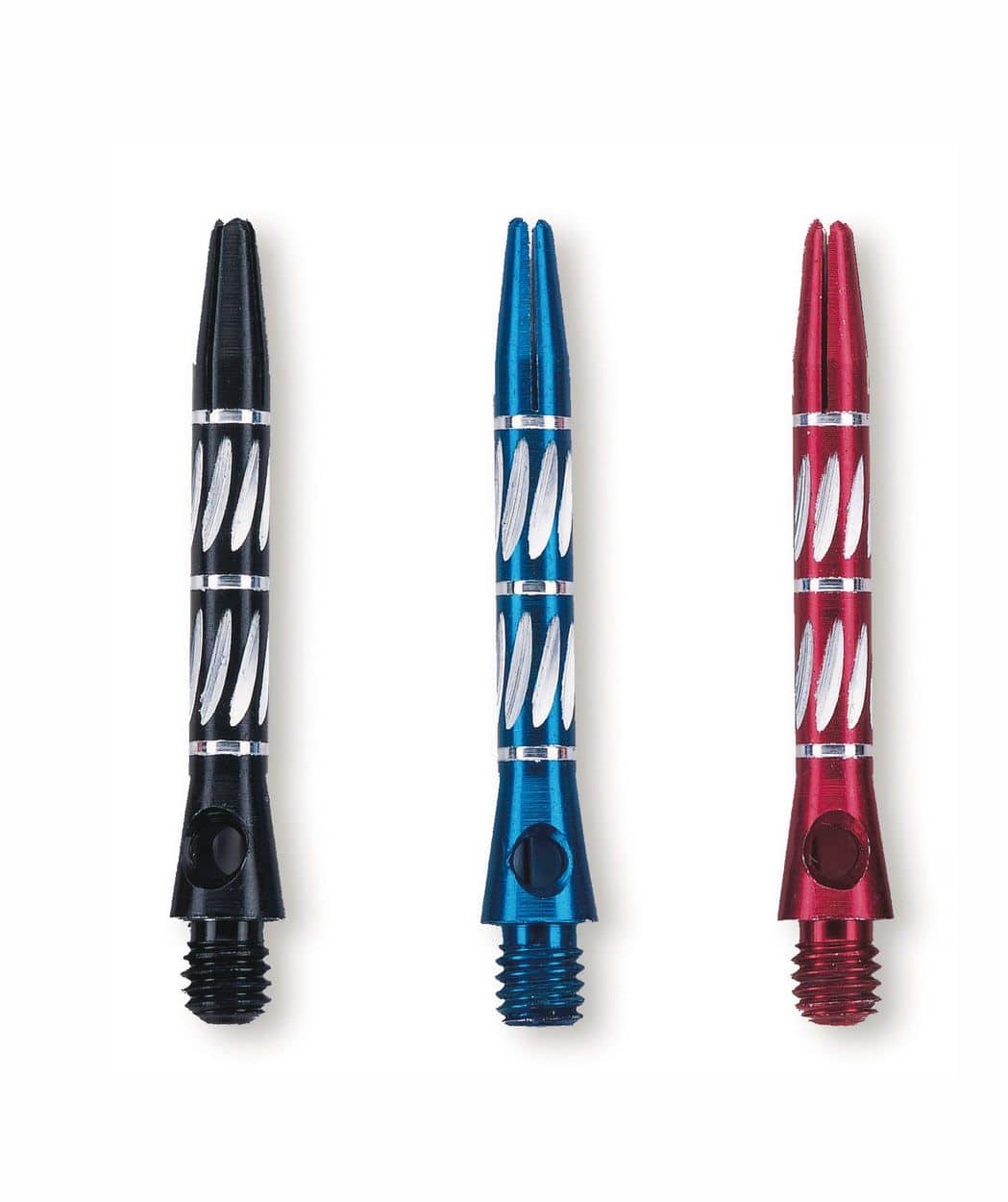 78573_575 Das Bild zeigt drei kurze Unicorn World Champion Shafts in den Farben Schwarz, Blau und Rot. Sie sind speziell für Darts hergestellt und haben ein silbernes Muster.