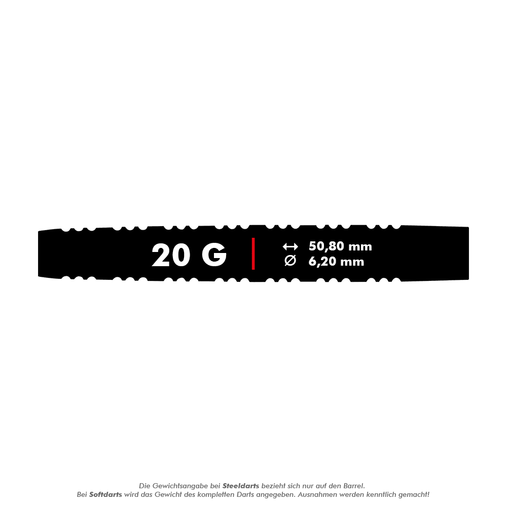 RD2386_Red_Dragon_Nirvana_Softdarts_5_20g Das Bild zeigt die Produktdetails der Red Dragon Nirvana Softdarts mit einem Gewicht von 20 Gramm. Die Darts haben eine Länge von 50,80 mm und einen Durchmesser von 6,20 mm.
