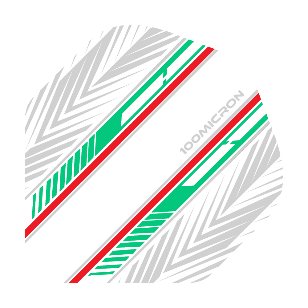 Pentathlon Flights weiß/grün/rot Das Bild zeigt einen Pentathlon White Green Red No2 Standard Flight für Darts. Das Design besteht aus weißen, grünen und roten Streifen sowie grauen Pfeilmustern auf weißem Hintergrund.
