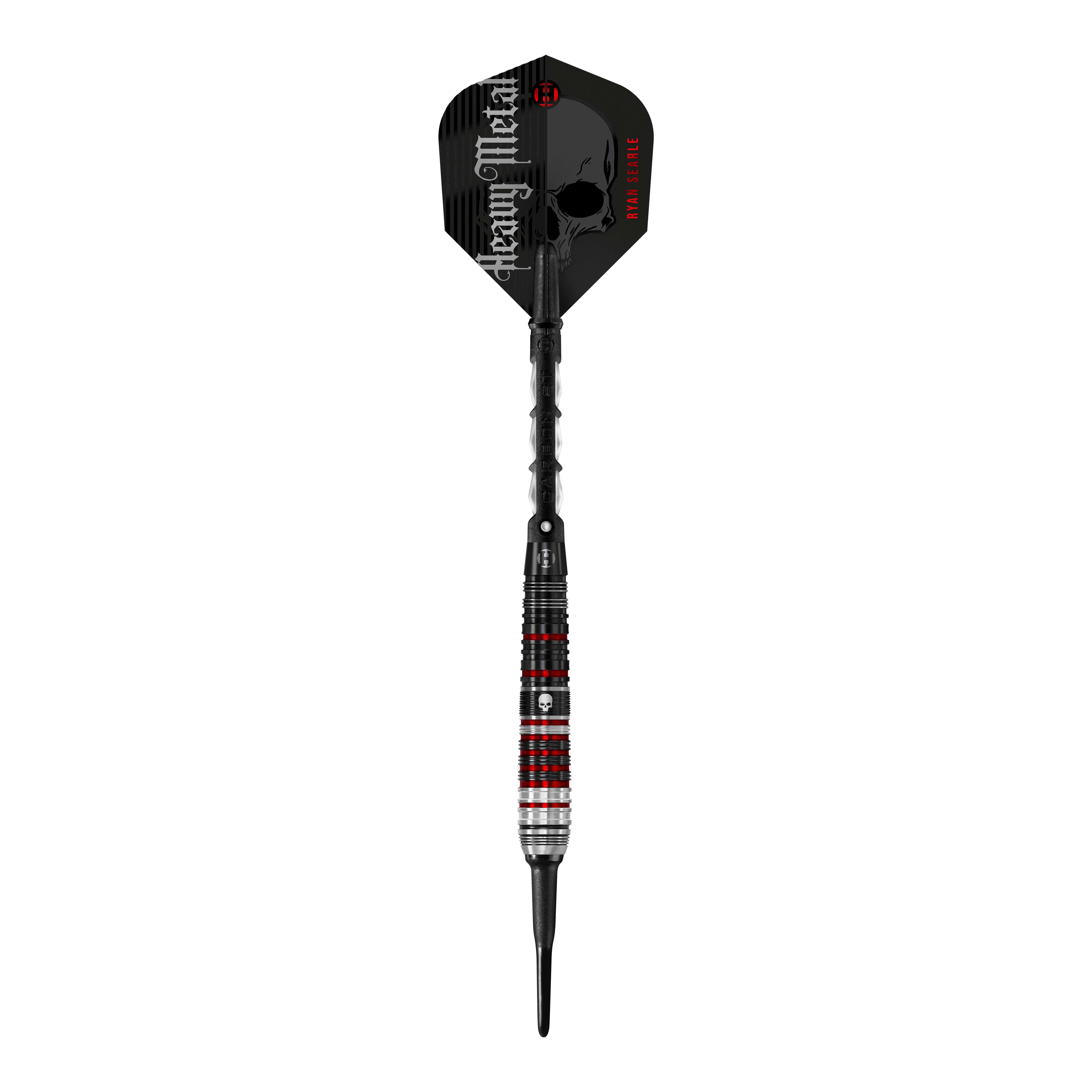 Harrow's Ryan Searle Heavy Metal Series 2 soft darts Das Bild zeigt einen Harrows Ryan Searle Heavy Metal Series 2 Softdart. Der Dartpfeil hat ein auffälliges Design mit schwarzen, roten und silbernen Akzenten sowie der Aufschrift "Heavy Metal" auf dem Flight.
