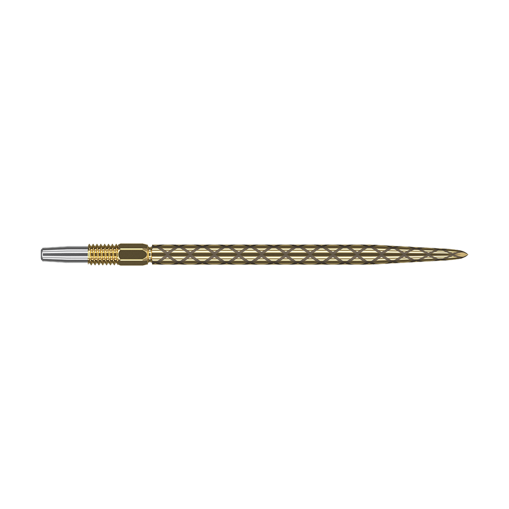 Target Swiss Diamond Pro Gold Dartspitzen Das Bild zeigt eine goldene Dartspitze mit einem diamantförmigen Muster. Die Spitze ist schmal und hat am vorderen Ende einen silbernen Bereich.