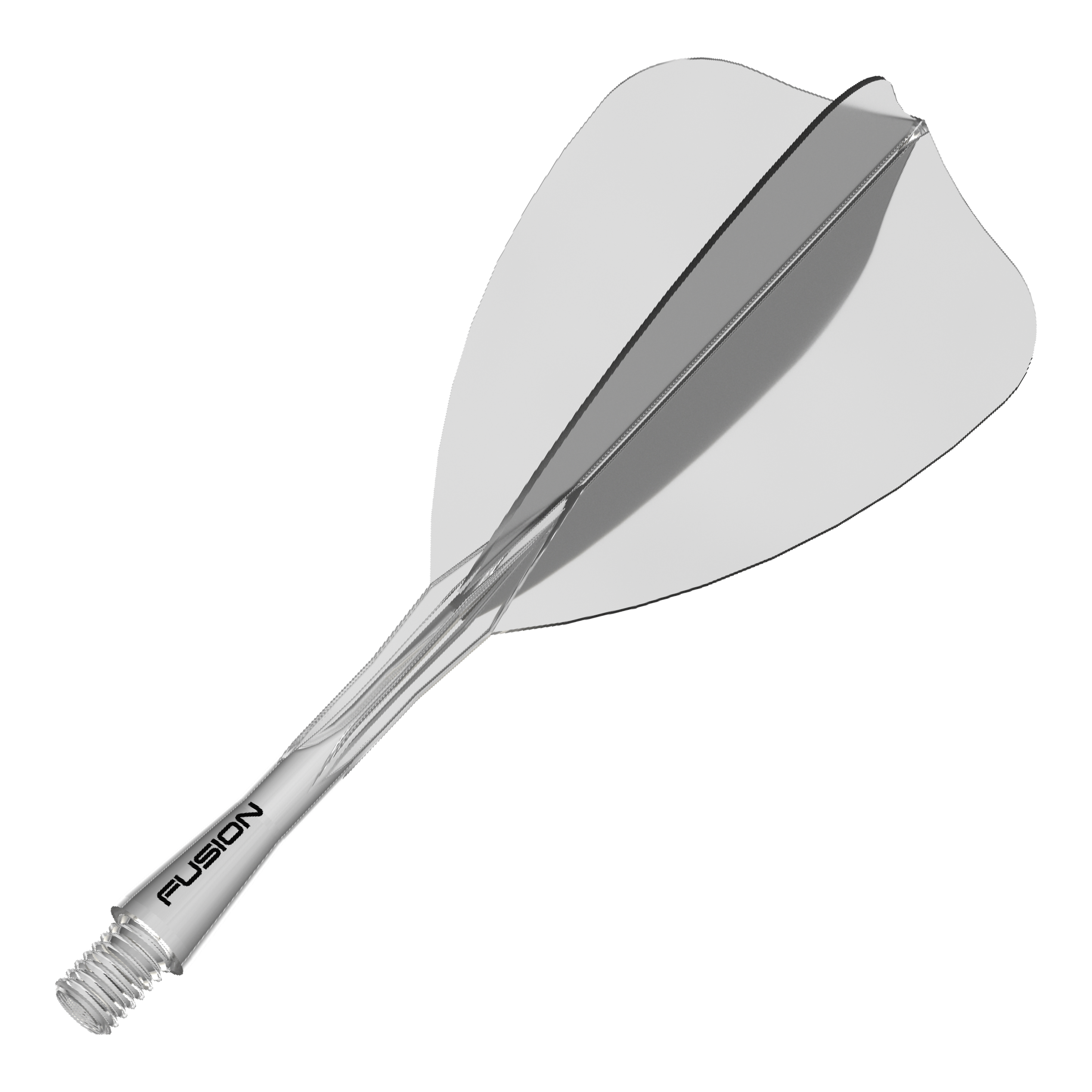 Winmau Fusion Flight-Shaft-System Arrow Clear Das Bild zeigt ein Dartzubehör, wahrscheinlich einen transparenten Shaft oder Flight. Der Dateiname weist auf 'Winmau Fusion Flight Shaft System Arrow Clear 28mm 1' hin.