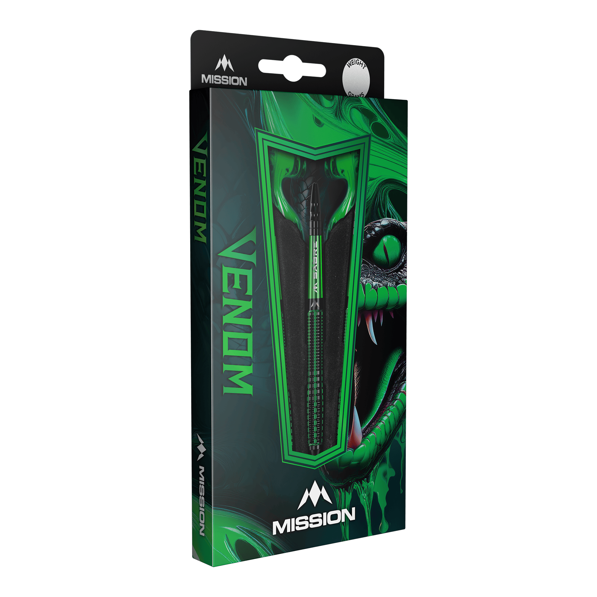 Šipky Mission Venom Softdarts - 20g Die Abbildung zeigt die Verpackung der "Mission Venom Softdarts - 20g". Das Design ist in Grün gehalten und zeigt einen Schlangenkopf sowie den Schriftzug "Venom".