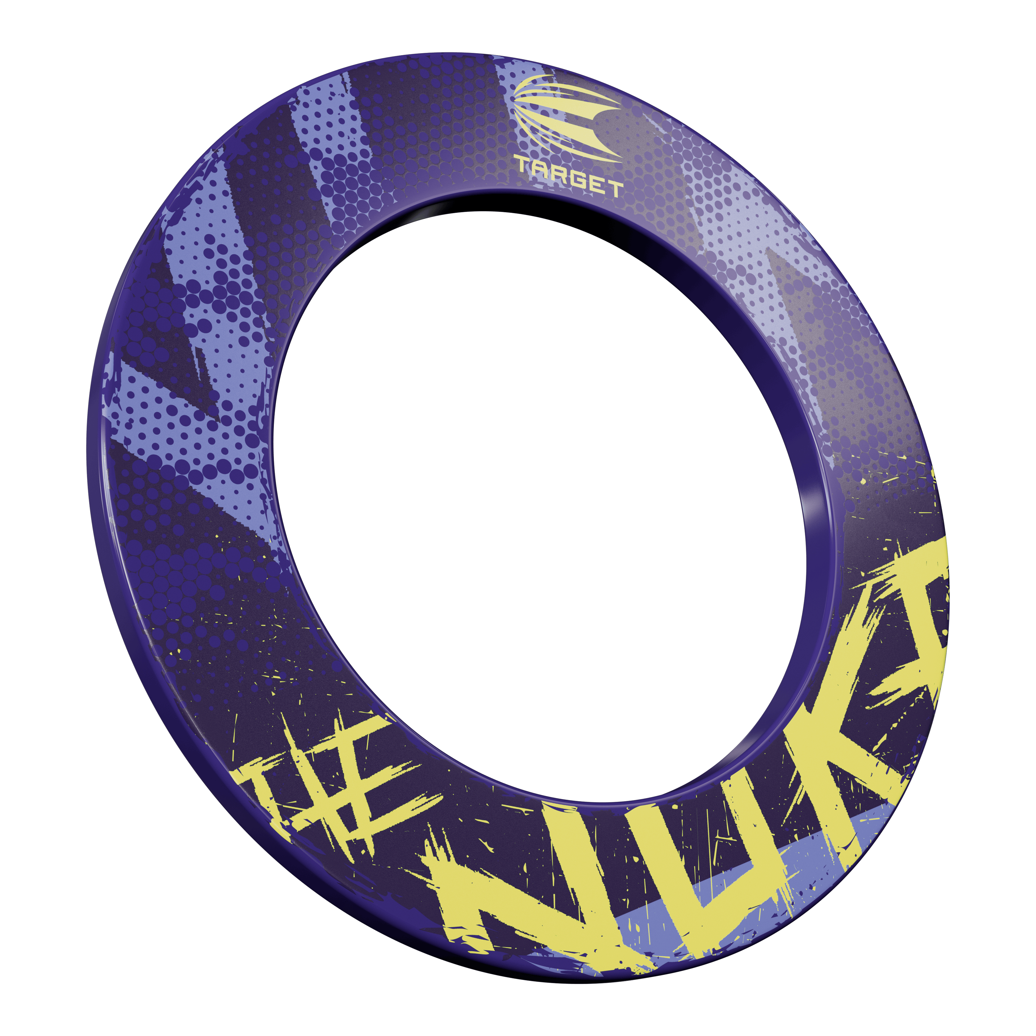 Obvodový terč Target Luke Littler The Nuke Das Bild zeigt eine Dartboard-Umrandung mit dem Namen „Target Luke Littler The Nuke Dartboard Surround“. Die Umrandung ist hauptsächlich lila mit gelben Schriftzügen und Mustern gestaltet.