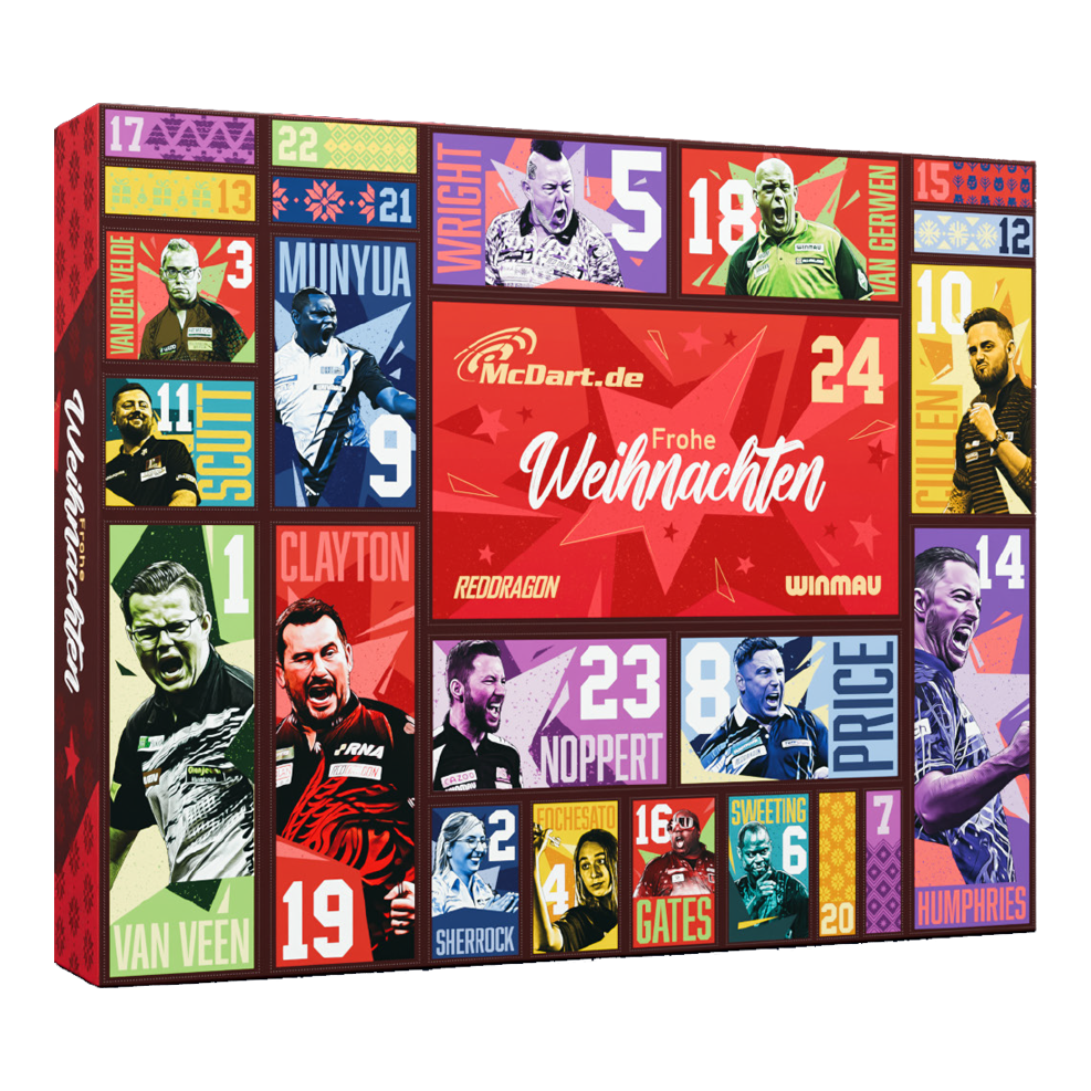 McDart Steel-Darts Adventskalender 2026 Der McDart Steel-Darts Adventskalender 2026 ist abgebildet. Er enthält verschiedene Überraschungen für Dart-Fans.