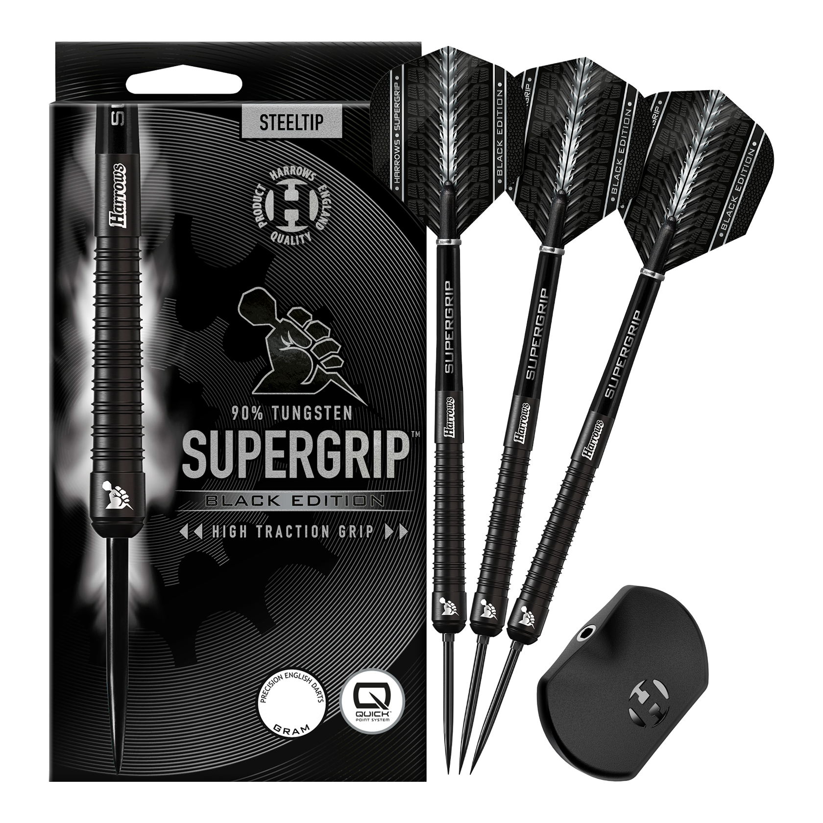 Freccette in acciaio Harrows Supergrip 90 Black Edition Quick Point Harrows Supergrip 90 Black Edition Quick Point Steeldarts zeigen ein edles schwarzes Aussehen. Sie sind perfekt für ambitionierte Dartspieler geeignet.