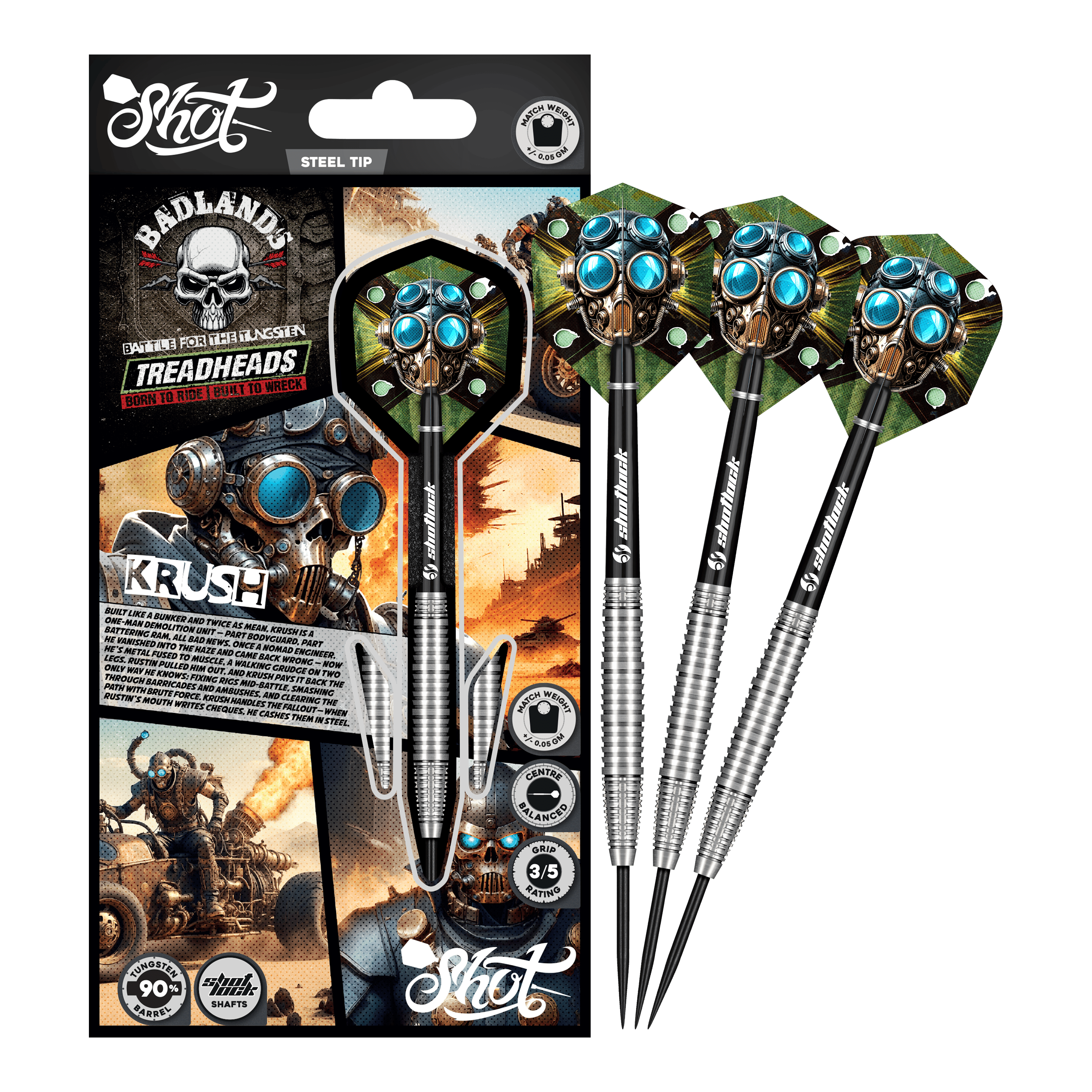 Dardos de acero Shot Badlands Krush Dargestellt ist das komplette Shot Badlands Krush Steeldarts Set. Das Produkt ist ideal zum gezielten Werfen.