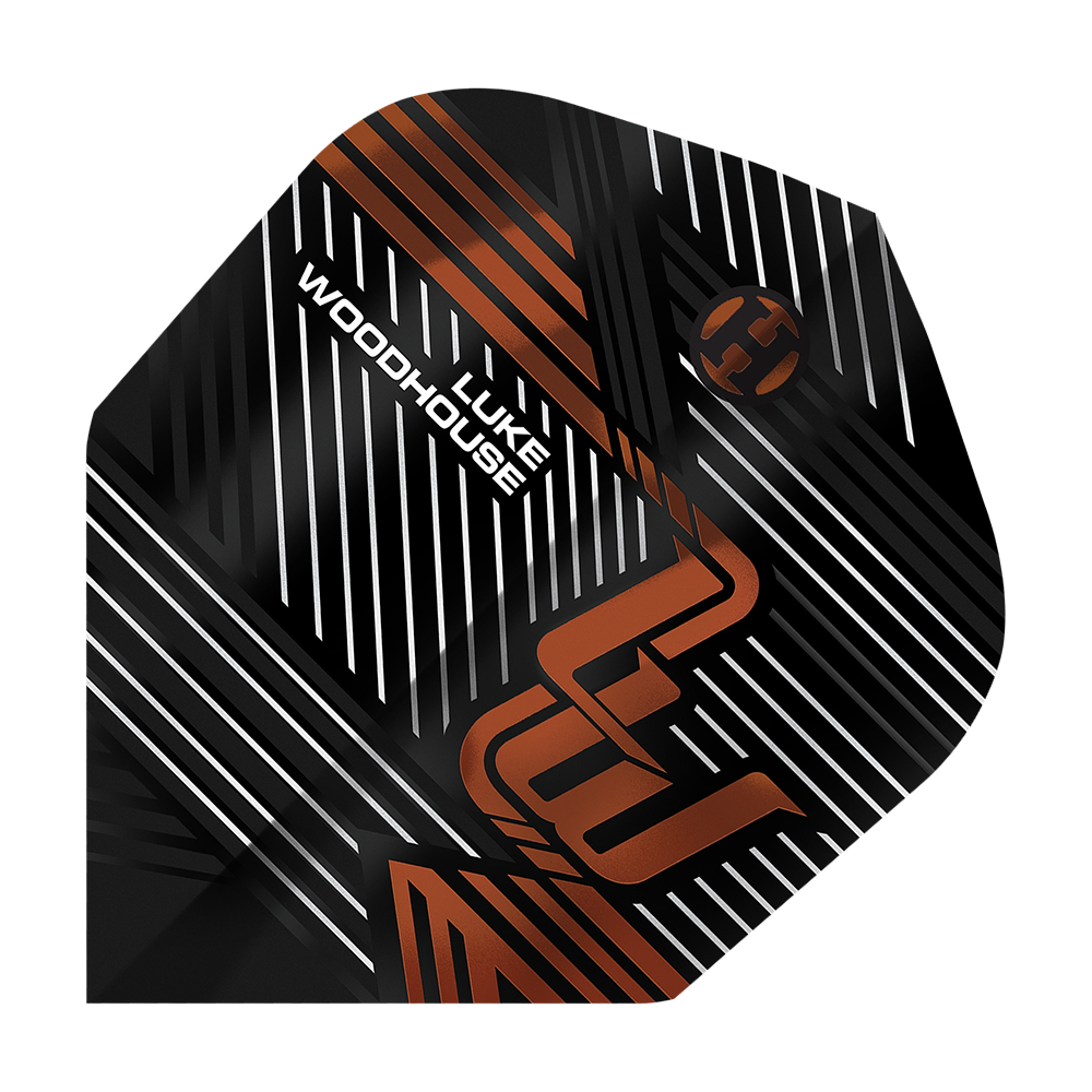 Harrowovy lety Luka Woodhousea, série 2 Das Bild zeigt das Produkt "Harrows Luke Woodhouse Series 2 Flights". Auf dem Flight sind schwarze, weiße und kupferfarbene Linien mit dem Namen "Luke Woodhouse" abgebildet.