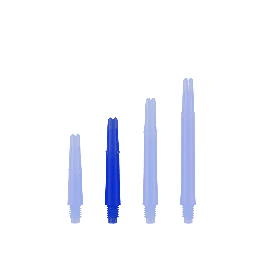 L-tvarované L-hřídele, rovné, zajištěné - modré Auf dem Bild sind vier blaue Dartschäfte in unterschiedlichen Längen zu sehen. Sie stehen nebeneinander aufrecht vor weißem Hintergrund.