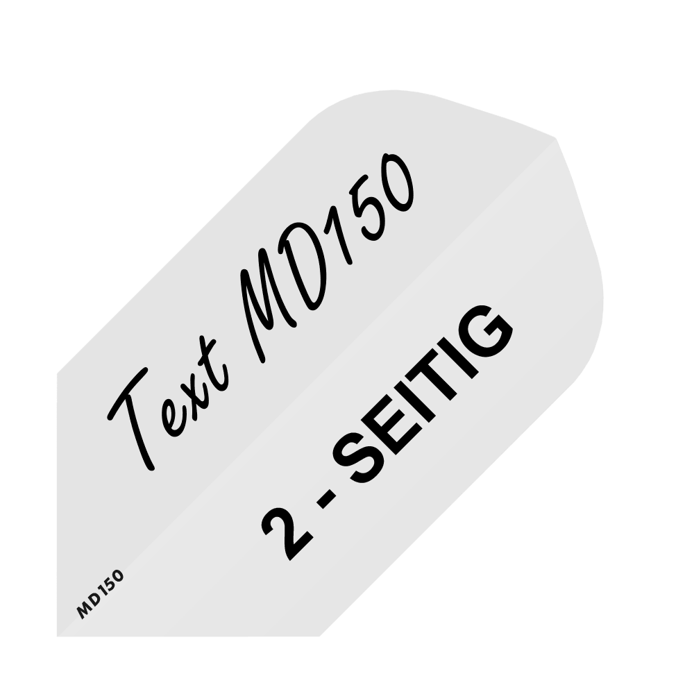 MD-251_2-Seitig_Bedruckte_Flights_Wunschtext_MD150_Weiss_Slim_1 Das Bild zeigt ein Muster für bedruckte Flights mit dem Text "Text MD150" und "2-SEITIG". Es handelt sich um das Produkt "10 Satz Bedruckte Flights 2-Seitig - Wunschtext - MD150 Slim".