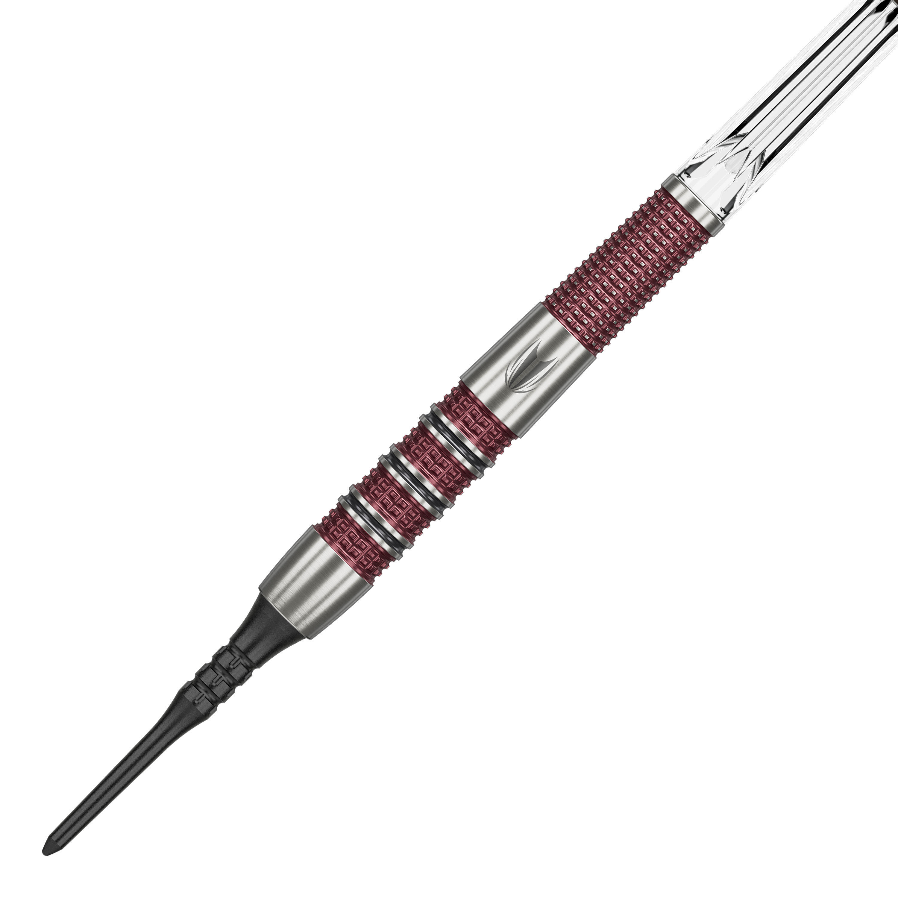 Dardos blandos Target Stephen Bunting 95K - 19 g Das Bild zeigt einen Target Stephen Bunting 95K Softdart mit einem Gewicht von 19 Gramm. Der Dart hat ein silbernes und rotes Griffdesign mit einer schwarzen Softspitze.