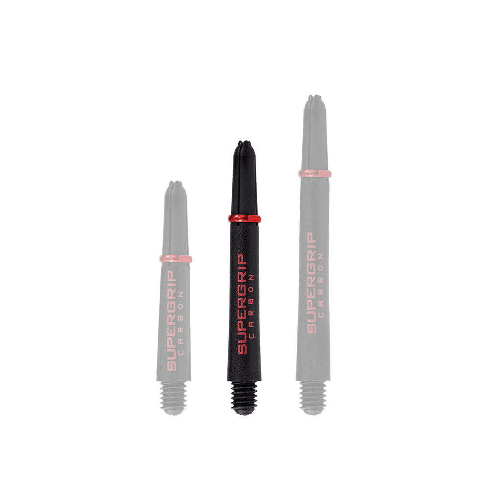 HR358_Harrows_Supergrip_Carbon_Shafts_Rot_40mm_1 Das Bild zeigt drei Harrows Supergrip Carbon Shafts in Rot, die in unterschiedlichen Längen angeordnet sind. Die schwarzen Dartschäfte haben rote Akzente und die Aufschrift "Supergrip Carbon" in roter Farbe.