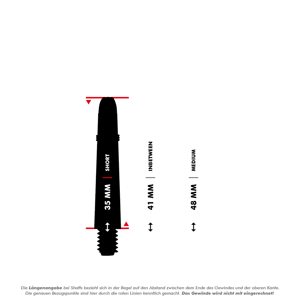 Shot Koi Carbon Shafts - Pink Das Bild zeigt drei verschiedene Längen von Carbon-Schäften: 35 mm (Short), 41 mm (Inbetween) und 48 mm (Medium). Es wird durch rote Linien verdeutlicht, wie die Längen gemessen werden, wobei das Gewinde nicht mit eingerechnet wird.