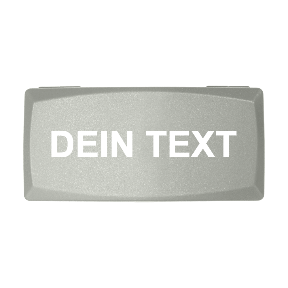 ABS Box mit Wunschdruck Auf dem Bild ist eine graue Box zu sehen. Auf der Box steht in weißen Buchstaben "DEIN TEXT".
