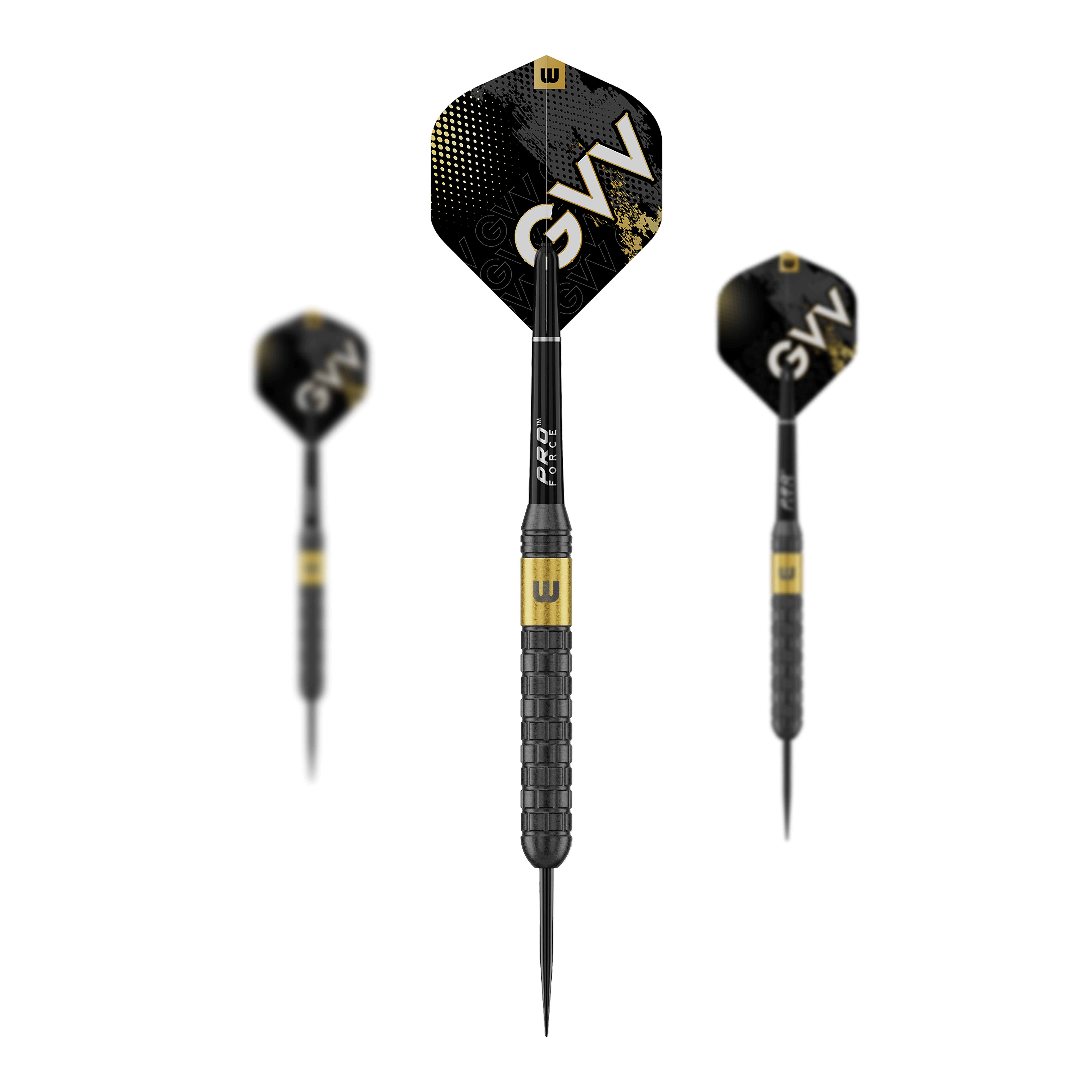 Winmau Gian Van Veen Core Brass Steeldarts - 21g Abgebildet ist ein Set von Winmau Gian Van Veen Core Brass Steeldarts 21g. Die drei Darts sind nebeneinander angeordnet.