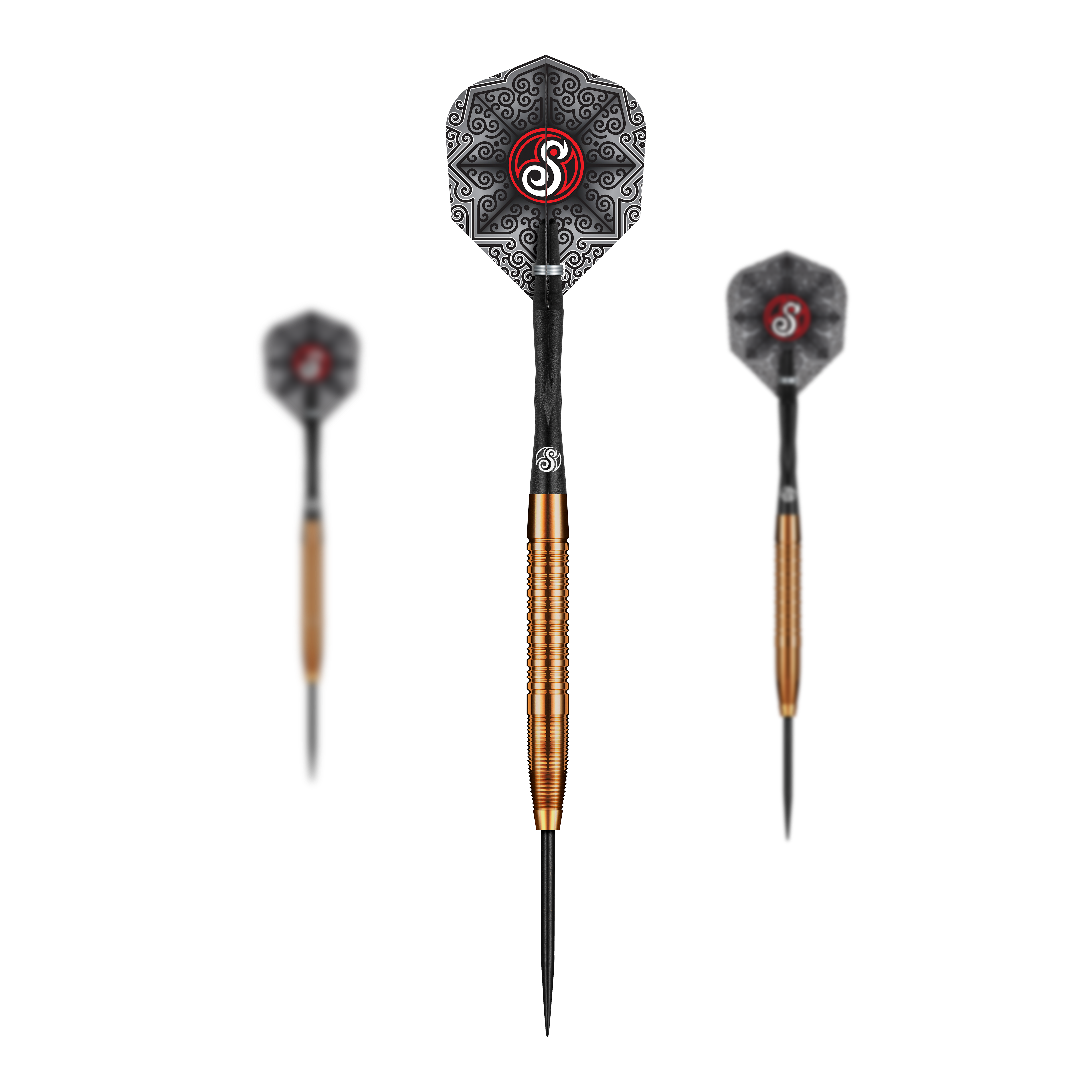 Dardos de acero Jake Womack de la serie Shot Pro, 23 g Das Bild zeigt die Shot Pro Series Jake Womack Steeldarts - 23g. Die Darts haben einen goldfarbenen Schaft und ein schwarzes Flight mit auffälligem Muster und rotem Logo.