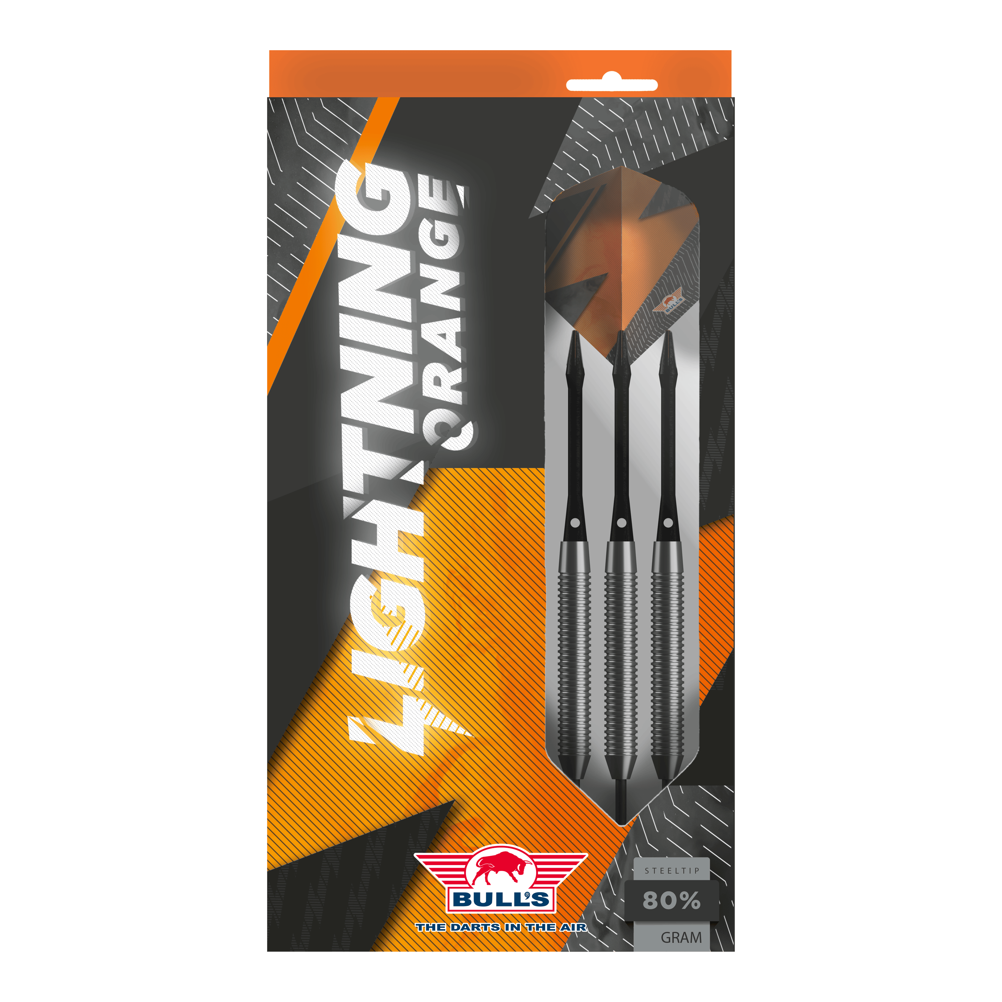 Dardos de acero naranja Bulls NL Lightning Das Bild zeigt die Verpackung der "Bulls NL Lightning Orange Steeldarts". In der Packung befinden sich drei Steeldarts mit orange-schwarzem Design.