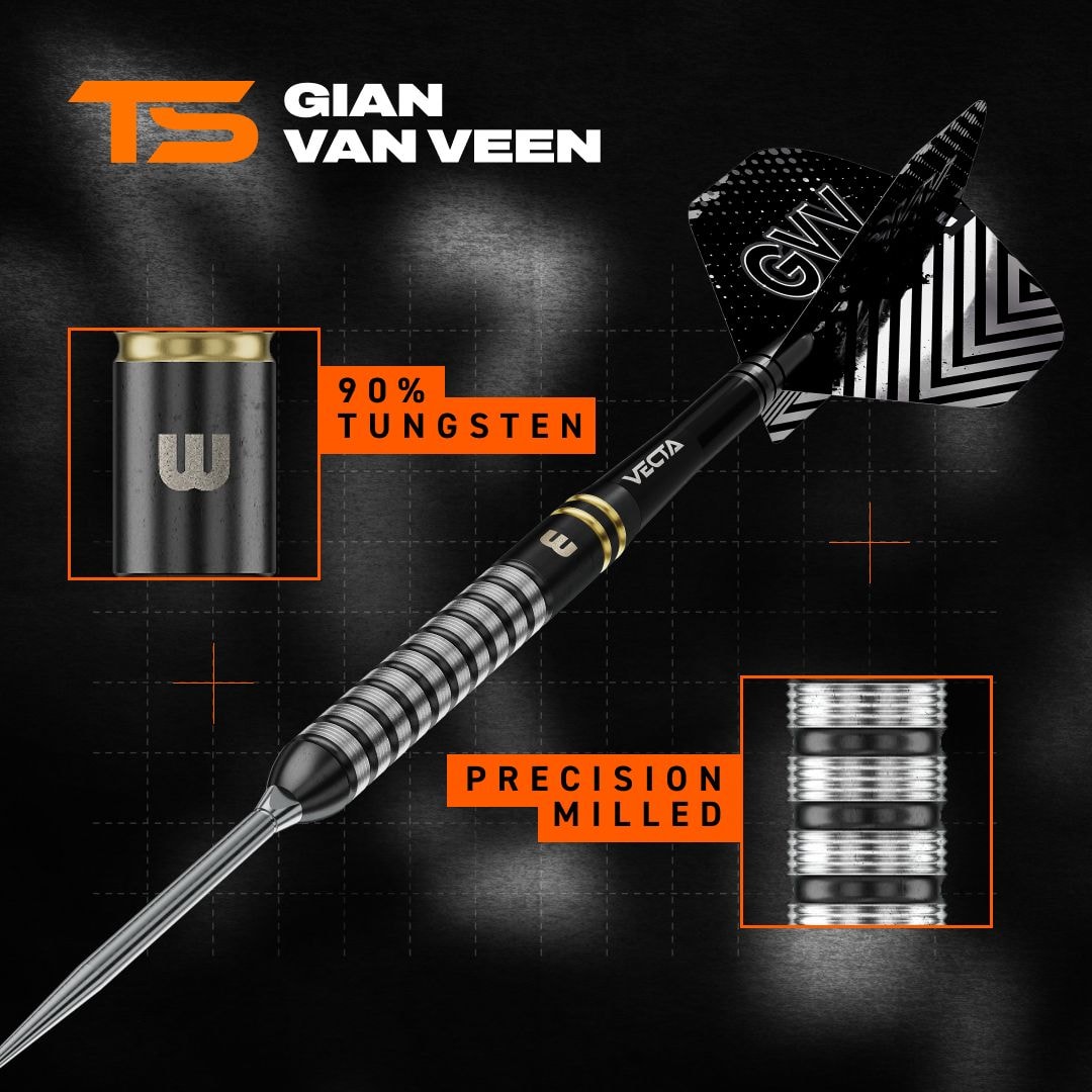 Winmau Gian Van Veen TS Switch Point Steeldarts Das Bild zeigt Winmau Gian Van Veen TS Switch Point Steeldarts. Drei Darts mit moderner Optik sind zu sehen.
