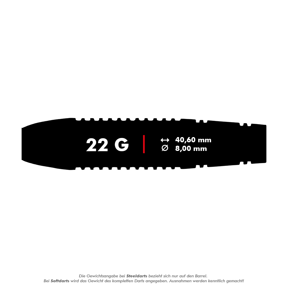 RD2137_Red_Dragon_Reflex_Softdarts_5_22g Das Bild zeigt die Produktbeschreibung für den Red Dragon Reflex Softdart mit einem Gewicht von 22 Gramm. Die Maße des Barrels sind 40,60 mm Länge und 8,00 mm Durchmesser.