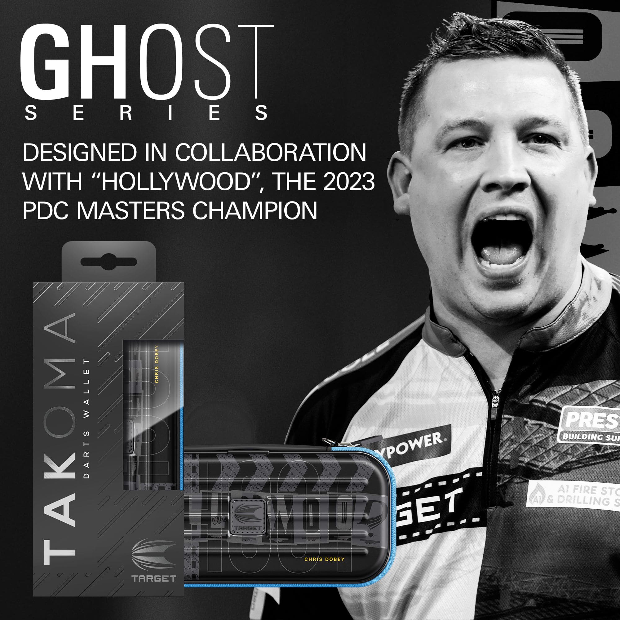 Takoma Ghost Series Chris Dobey Dartcase Zu sehen ist das Dartcase der Takoma Ghost Series Chris Dobey. Das Produkt wurde für Darts-Fans gestaltet und ist hochwertig verarbeitet.