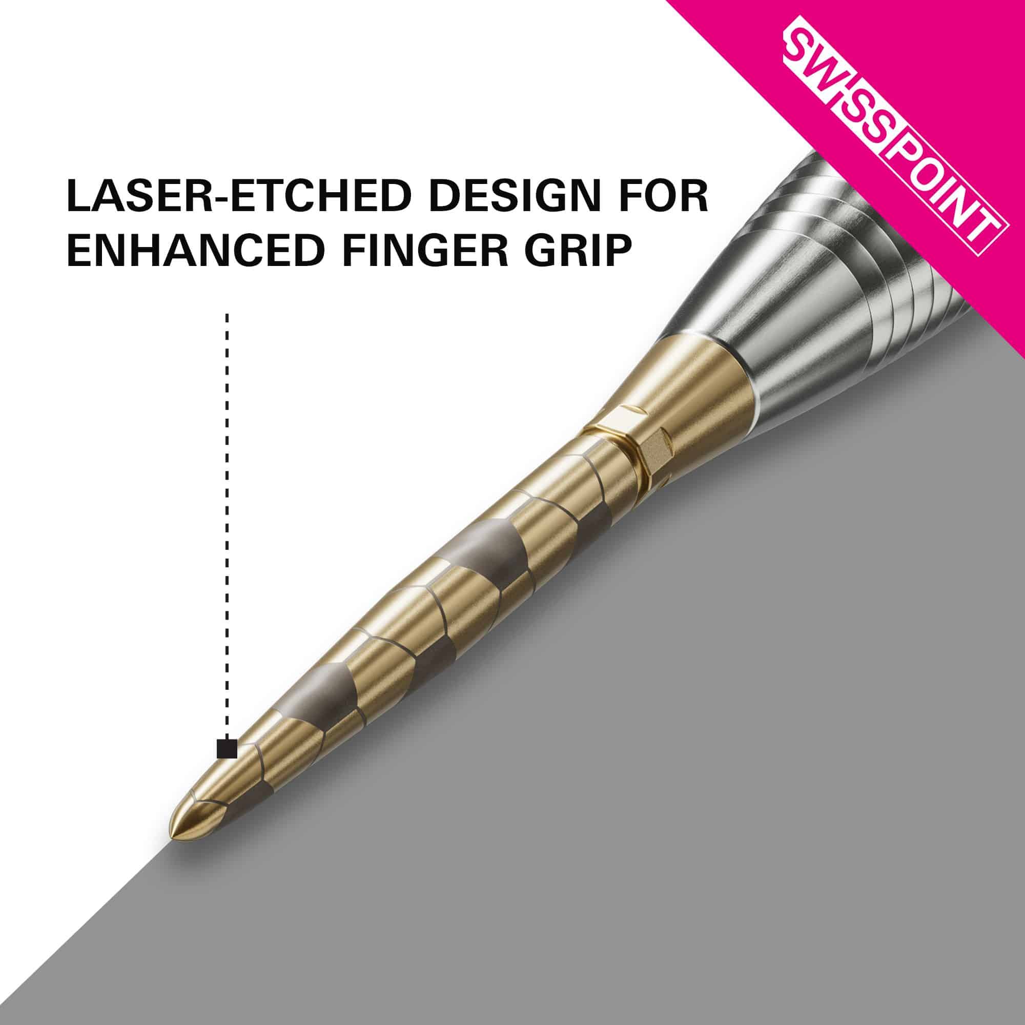 Pointes de fléchettes Target Swiss Storm Onyx Point - Or Das Bild zeigt die goldene Target Swiss Storm Onyx Point Dartspitze mit einem lasergravierten Design. Dieses Design sorgt für einen verbesserten Fingergriff.