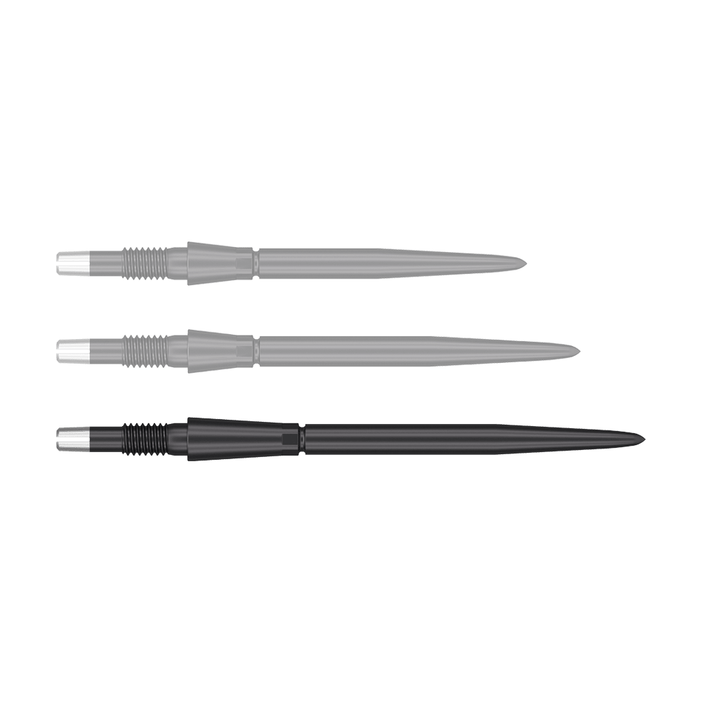 Końcówki do lotek Target Swiss Storm Point - czarne Das Bild zeigt drei schwarze Dartspitzen mit silbernen Enden. Sie sind nebeneinander in einer horizontalen Reihe angeordnet.