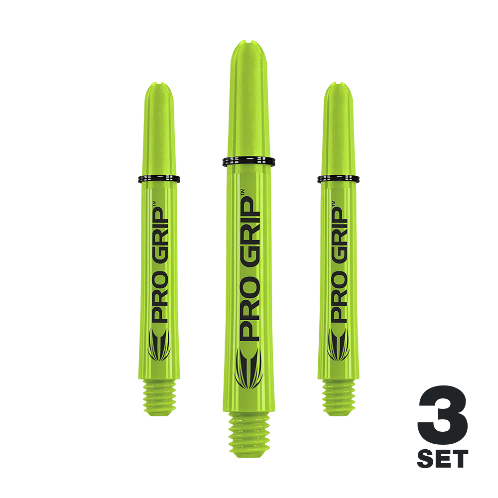 Target Pro Grip Shafts - 3 Sets - Lime Green Das Bild zeigt drei limegrüne Pro Grip Shafts für Darts. In der rechten unteren Ecke steht "3 SET".