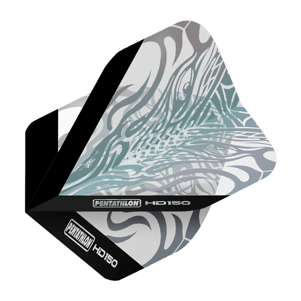 Pentathlon HD150 Metalicky čiré standardní letky Das Bild zeigt das Produkt "Pentathlon HD150 Metallic Clear Standard Flights". Die Dartflight ist größtenteils durchsichtig mit metallisch glänzenden Mustern und schwarzem Rand.