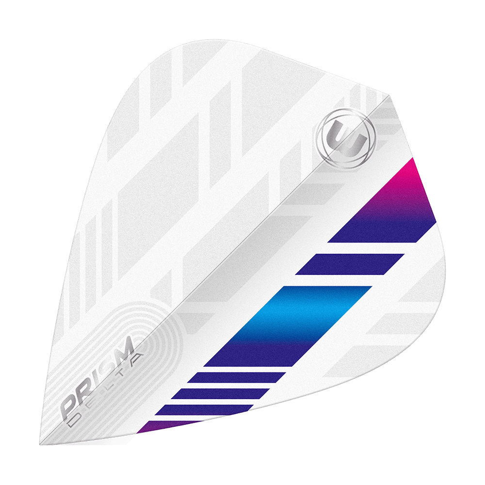Vuelos de cometa Winmau Delta blanco azul morado Das Bild zeigt ein weißes Dart-Flight mit blauen und violetten Akzenten. Das Design ist modern mit geometrischen Mustern und trägt die Aufschrift „PRISM DELTA“.