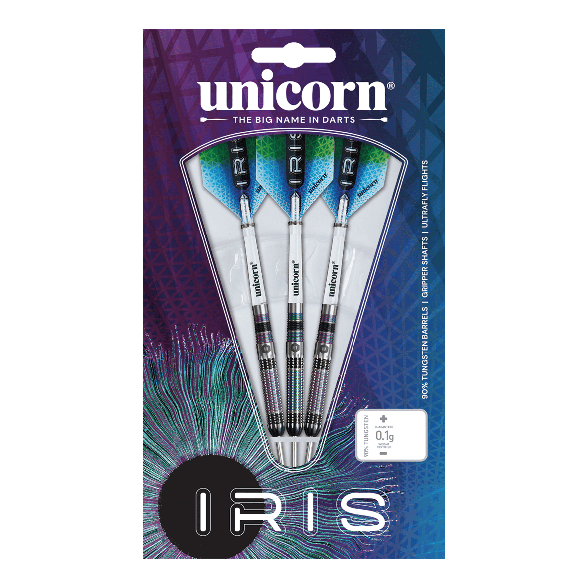 Dardos de acero Unicorn Iris Das Bild zeigt eine Verpackung mit drei Steeldarts der Marke "Unicorn Iris". Die Darts haben silberne Schäfte und blaue Flights, und die Verpackung ist bunt gestaltet.